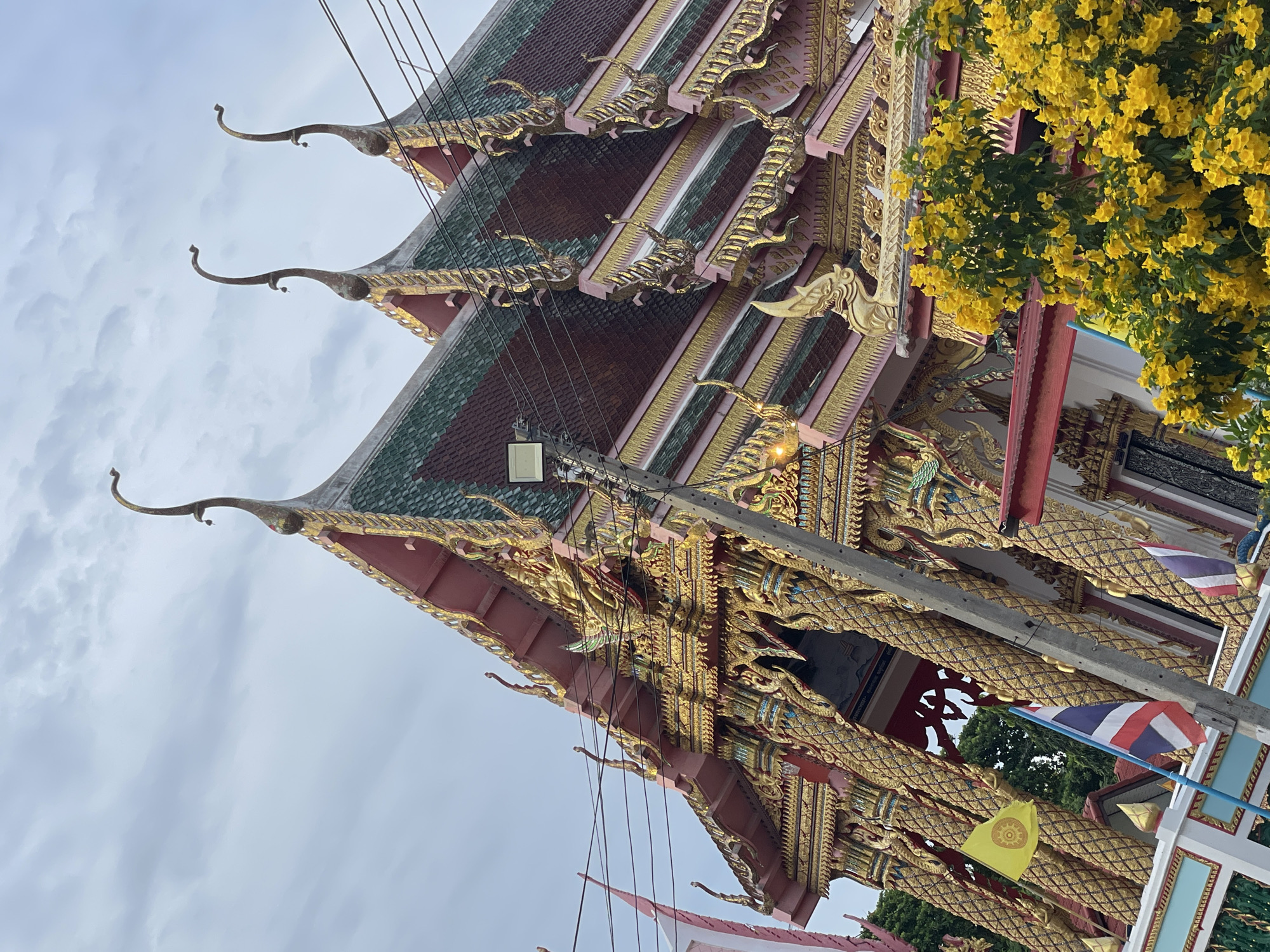 This is a photograph taken from a low angle, looking up at the intricately decorated roof of a Thai Buddhist temple. The temple architecture is ornate, featuring multiple tiered roofs with vibrant green and maroon tiles. The rooflines are adorned with golden decorative elements, including ornate finials that resemble stylized bird heads or serpents. Elaborate carvings and gilded details are visible along the eaves and supporting structures. In the foreground, a bright yellow flowering bush with small, clustered blossoms is partially obscuring the lower portion of the temple.
Several Thai flags are visible, including the national flag with its red, white, and blue stripes, and a yellow flag bearing a circular symbol, possibly representing a religious emblem. A utility pole with electrical wires runs vertically through the frame, intersecting the view of the temple's facade and roof. The sky above is overcast with scattered clouds. The overall scene suggests a location in Pattaya City, Thailand, likely a functioning temple open to the public. No people are visible in the image.