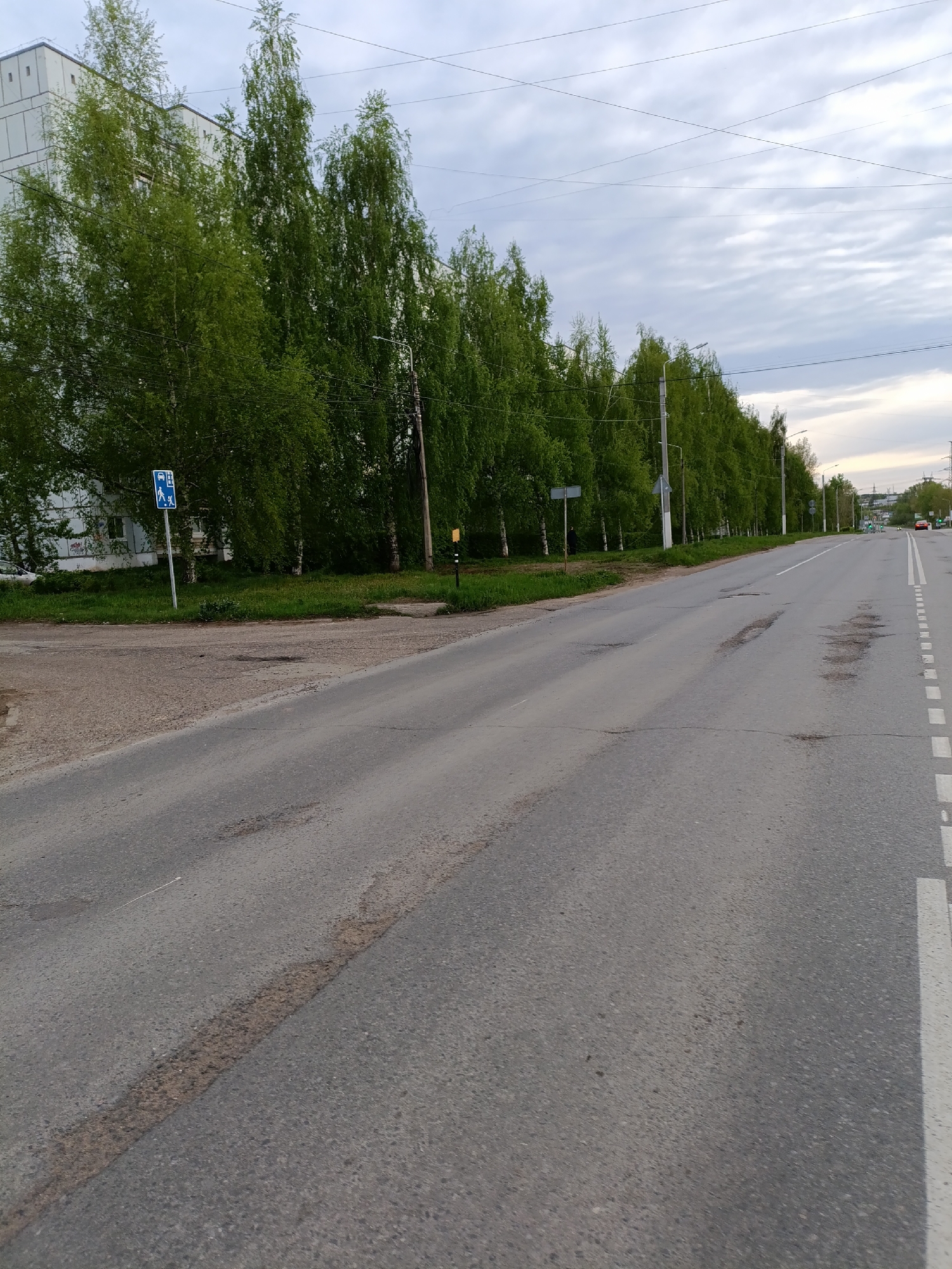 The image depicts a street scene in the city of Chaikovsky, Russia. A straight asphalt road runs through the frame, showing signs of wear with potholes and uneven surfaces. A solid white line borders the right side of the road, while intermittent dashes mark the center lane.
On the left side of the road, a row of green trees lines the edge, partially obscuring a light-colored building in the background. Several street signs are visible among the trees, including one indicating a bus stop with pedestrian crossing. Electrical wires crisscross the sky above the trees.
In the distance, the road continues, eventually curving slightly towards the right. A red car is visible further down the street. The sky is overcast with muted colors, suggesting a cloudy day. There are no people visible in the image.