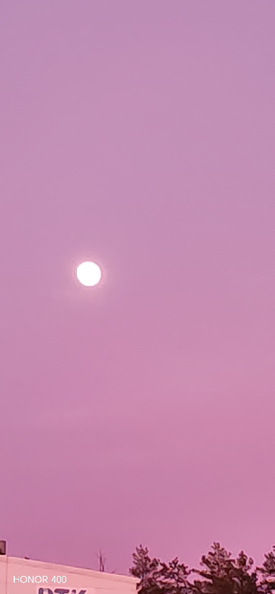 The image shows a pale, almost lilac sky with a bright, circular light source, presumably the moon. In the lower portion of the image, outlines of trees with possible snow covering the branches are visible. Part of a building with a light-colored roof is also visible in the lower left of the image with the text "HONOR 400" partially visible in the lower left hand corner. Based on the camera metadata, the image was taken in Noviy, Russia.