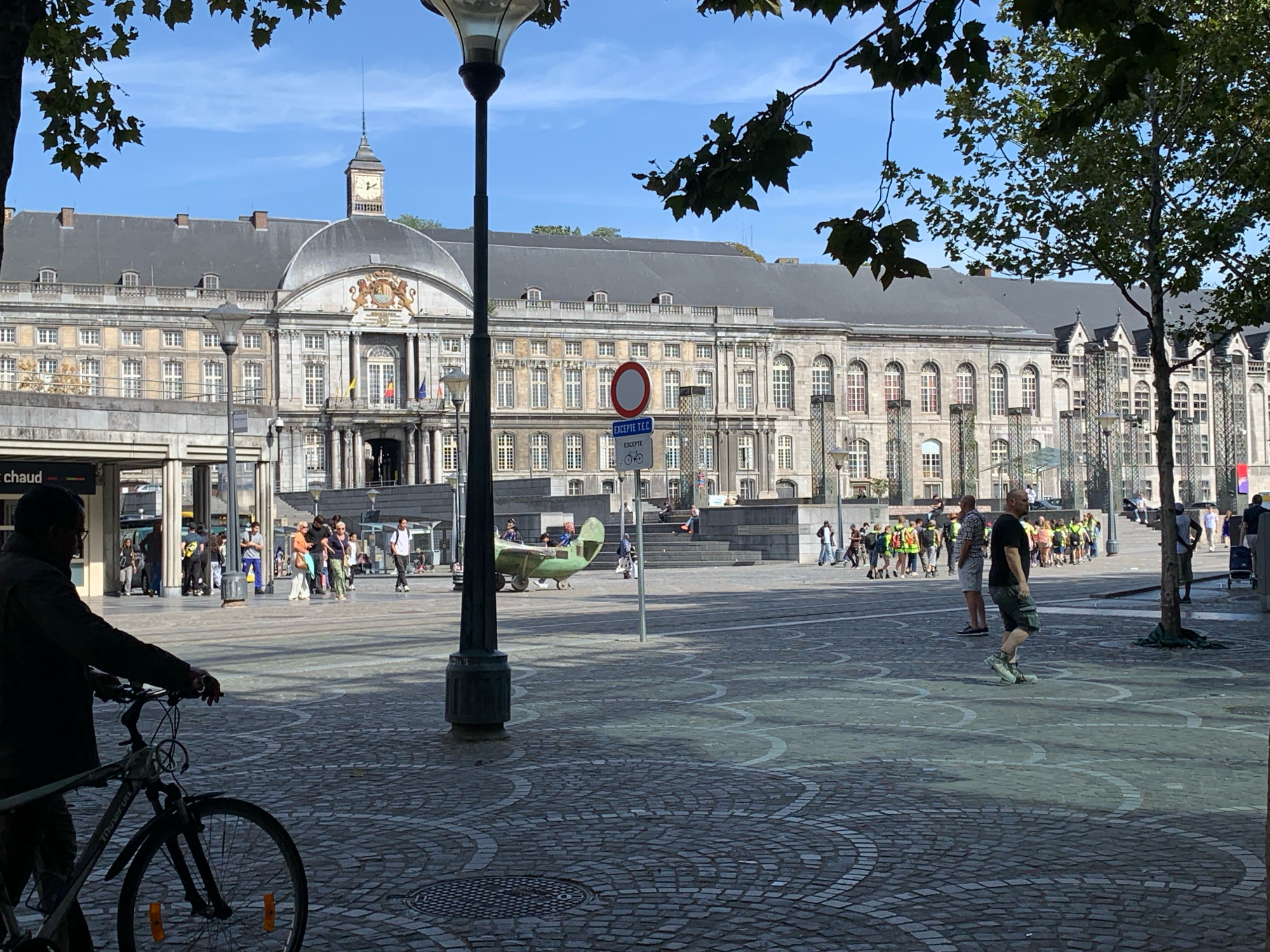The image captures a sunny daytime scene in Liège, Belgium, specifically in front of the historic Palace of the Prince-Bishops. The grand facade of the palace, characterized by its classical architecture, multiple windows, and a prominent clock tower, dominates the background. In the midground, a street lamp with a dark pole stands prominently. A small, vintage-style green airplane replica is positioned on the cobblestone pavement, and several people are visible in the vicinity.
In the foreground, a person in silhouette is seen holding onto the handlebars of a bicycle, which is also silhouetted. The pavement is made of cobblestones with decorative patterns. Further back, a group of people, some wearing high-visibility vests, are gathered. Several other individuals are walking across the square or standing in small groups. A traffic sign indicating "EXCEPTE T.E.C." is visible. The sky is clear and blue, with some tree branches from an overhanging tree framing the upper left portion of the image. The overall atmosphere suggests a public square with ongoing activity.