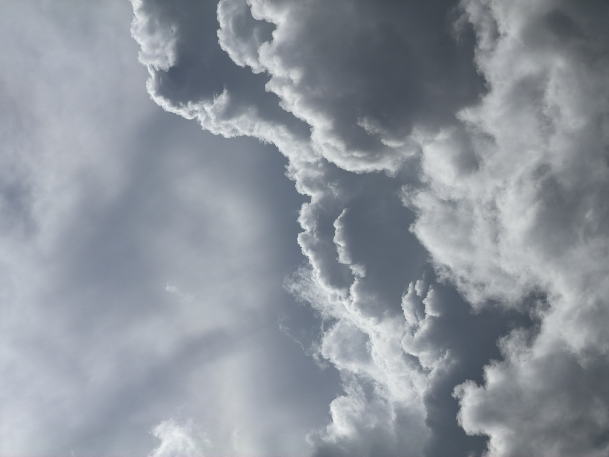 The image shows a sky filled with gray and white clouds. The denser, brighter clouds are predominantly on the right side of the frame, while thinner, grayer clouds occupy the left side. The edges of the clouds are sharply defined, creating a layered effect. There is no visible ground or structures to indicate the specific location.