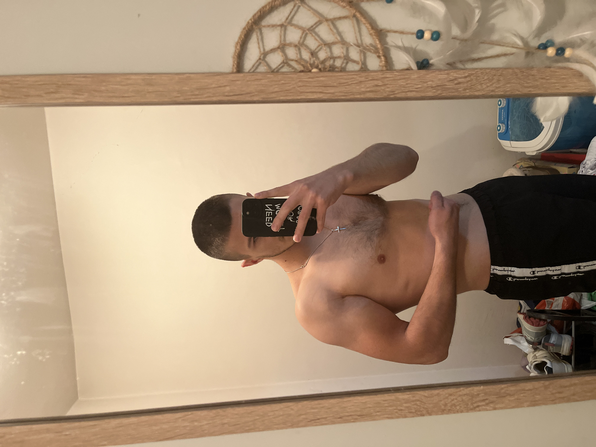 A shirtless man is taking a photo of himself in a mirror. He is wearing black athletic shorts with a white "Champion" logo repeated around the waistband. The man is holding a black phone with the words "NEED" visible on the screen. The background features a white wall, a dream catcher, and a variety of miscellaneous items. The location appears to be a bedroom setting in an unknown city.
