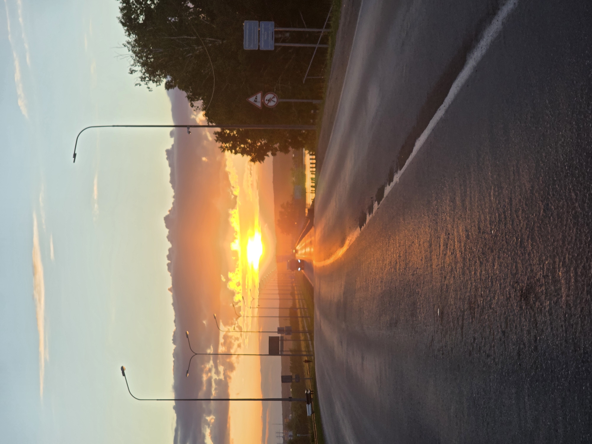The image, oriented correctly, depicts a long, straight road stretching into the distance under a vivid sunset or sunrise sky in Chaikovsky, Russia. The sun, a brilliant and intense golden sphere, is low on the horizon, radiating warm orange and yellow light that illuminates the clouds and casts a strong glow across the scene.
The asphalt road surface appears wet, likely from recent rain, creating a shimmering reflection of the sun and the colorful sky. A distinct solid white line marks the road's edge or shoulder on the right side. On the left, a series of streetlights with curved arms extend into the distance, their dark silhouettes contributing to the depth of the perspective. Some streetlights feature multiple fixtures.
In the mid-ground on the left, dark masses of trees and foliage are visible. Several road signs are also present: a pair of blue rectangular signs with indiscernible text or symbols, a triangular warning sign depicting a car and a person, and a circular sign with a red border and a diagonal line, typically indicating a prohibition. In the intense glare down the road, faint lights from distant vehicles are visible, suggesting ongoing traffic.
The scene conveys a sense of dramatic natural beauty, with the vibrant solar display reflecting powerfully on the wet road. The time of day is clearly either dawn or dusk, with the warm hues strongly suggesting sunset. No people are explicitly visible in the frame, and aside from the general shapes and colors on the road signs, no legible text is present.