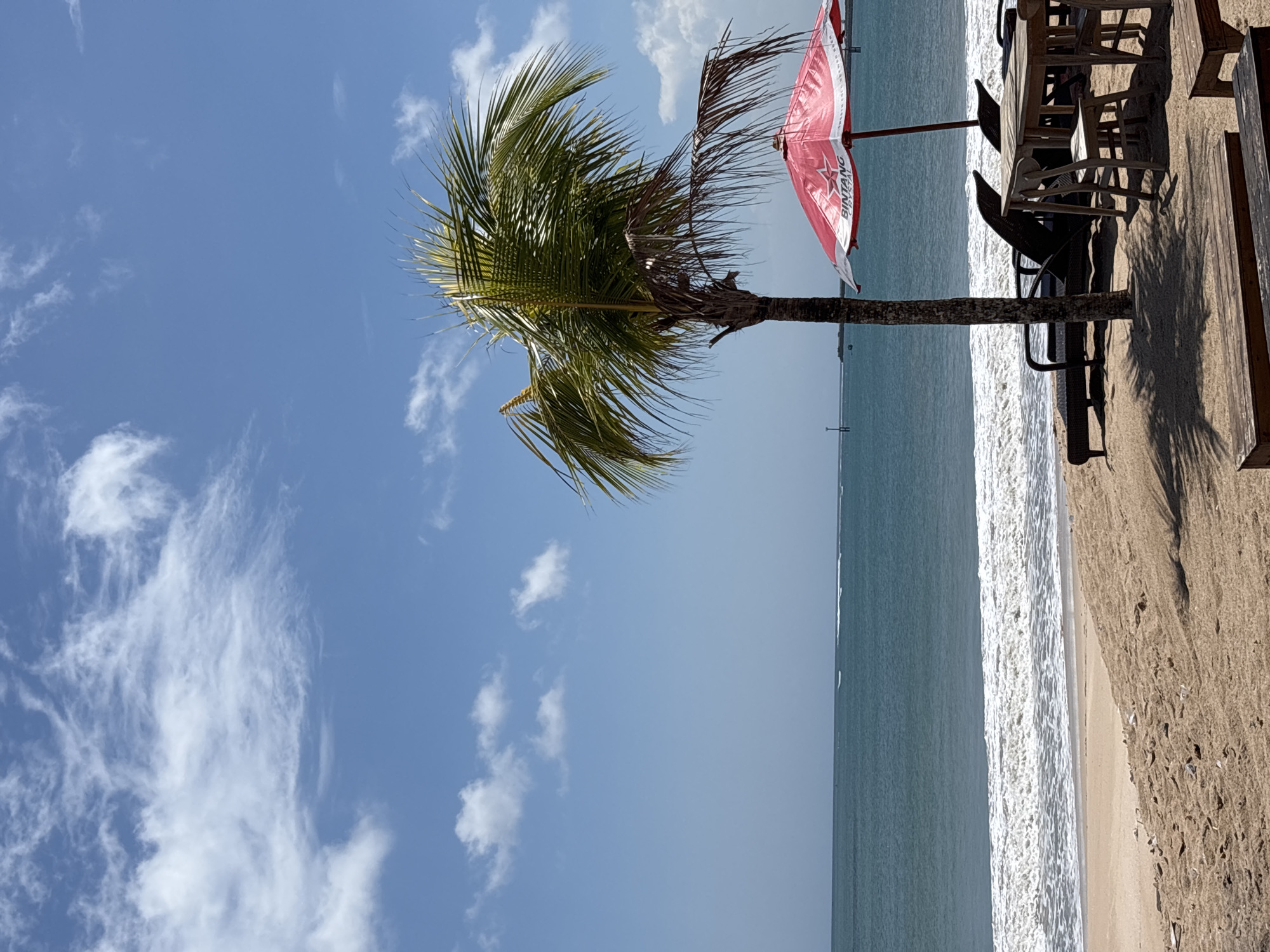 Here is a forensic description of the image:
The image depicts a beach scene in Kuta, Indonesia. A palm tree dominates the center-left of the frame, with its fronds blowing in the wind. A red and white beach umbrella is positioned to the right of the tree. To the right of the umbrella are beach chairs and tables, casting shadows on the sand. The ocean stretches horizontally across the middle of the image, with waves breaking on the shore. The sky is blue with scattered white clouds.