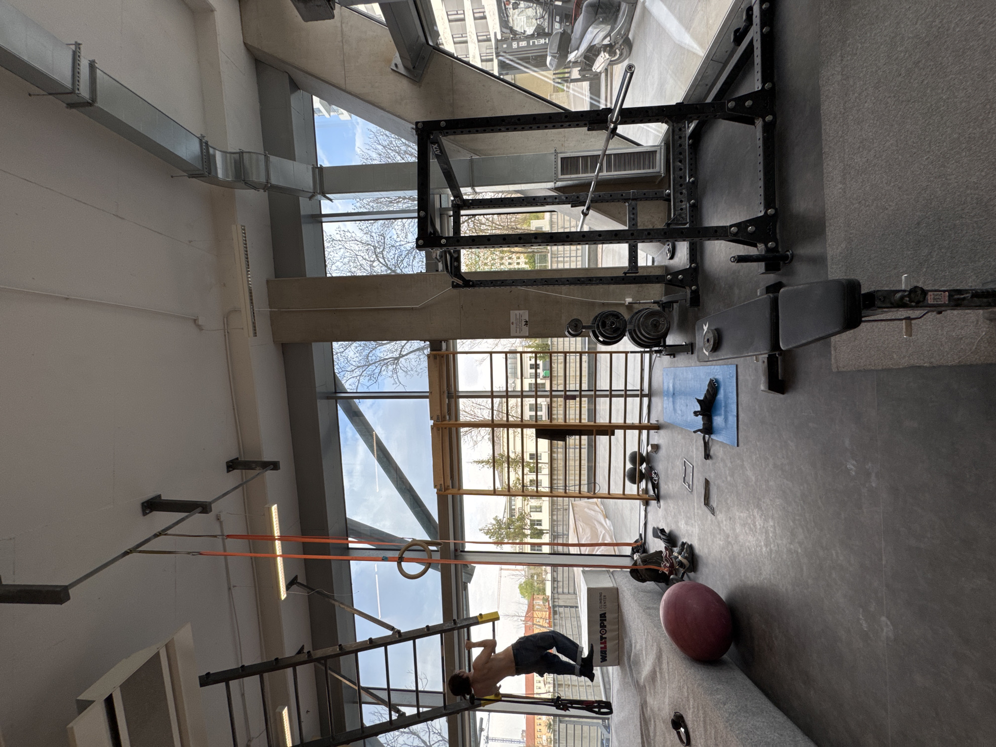 The interior of a fitness center is shown. A man is climbing a ladder, and a weight rack with weights is in the background. The location appears to be Sofia, Bulgaria, as evidenced by the "Walltopia Climbing Center" box. Large windows reveal a cityscape beyond.