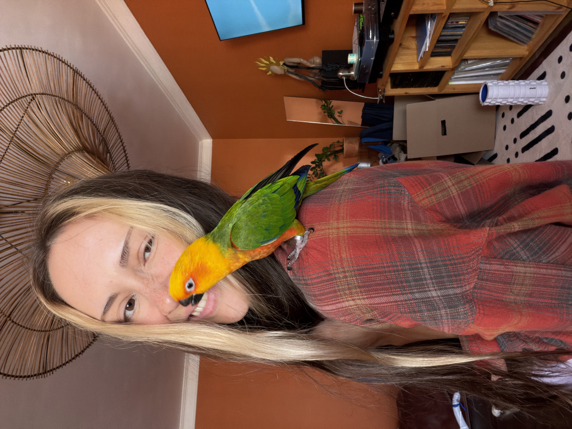 A young woman with long, blonde-streaked brown hair is lying down, her head tilted upwards. A vibrantly colored parrot, with a yellow head and chest and green and blue wings, is perched on her shoulder, nibbling on her cheek. The woman is smiling, with a playful expression on her face, and her eyes are looking towards the camera. She is wearing a red and grey plaid shirt. The background shows an indoor setting with an orange wall, a wooden shelf unit filled with books and what appear to be DVDs, a rug with a black and white pattern, and a white foam roller. A TV screen is visible on the wall in the upper portion of the image. The lighting suggests it is daytime.