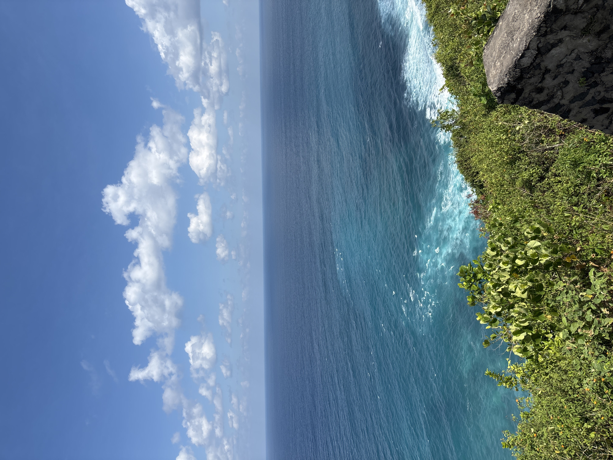 This image depicts a panoramic view of the Indian Ocean from a cliffside in Kuta Selatan, Indonesia, under a clear blue sky with scattered clouds. The upper third of the frame is dominated by a bright azure sky featuring numerous small, white, cumulus clouds dispersed across the expanse. The middle portion of the image shows the vast ocean, exhibiting a gradient of blue hues. The distant horizon appears as a faint line separating the sky and the deeper, darker blue waters further out. Closer to the foreground, the ocean transitions to a lighter, more turquoise shade, with visible white foamy waves breaking along the unseen shoreline to the right. The lower third of the image is occupied by lush green vegetation, primarily dense bushes and shrubs, indicating a vibrant coastal ecosystem. On the far right, partially obscured by the foliage, a concrete and stone structure, possibly a wall or barrier, is visible, suggesting a viewpoint or pathway. No individuals or human activities are present in the scene.