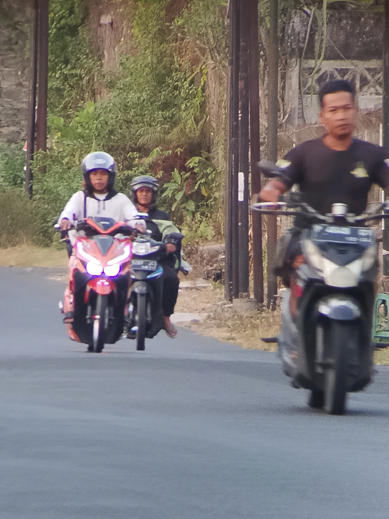 An outdoor, eye-level, medium shot captures three individuals on motorcycles moving along a paved road. The motorcycle in the foreground on the right is ridden by a man wearing a dark t-shirt and a black helmet. He is facing forward, with his hands on the handlebars. To his left, a red motorcycle is being ridden by a person wearing a white hoodie and a blue helmet. This rider is also looking forward. Behind the red motorcycle, a second person wearing a dark jacket and a dark helmet is on a dark-colored motorcycle. The background features lush green foliage on a sloped embankment and a stone wall. A vertical pole stands on the left side of the image. The lighting suggests it is daytime, possibly late afternoon. The scene appears to be in a semi-rural or suburban area of Jember, Indonesia, characterized by the presence of motorcycles as a common mode of transportation and the tropical vegetation.