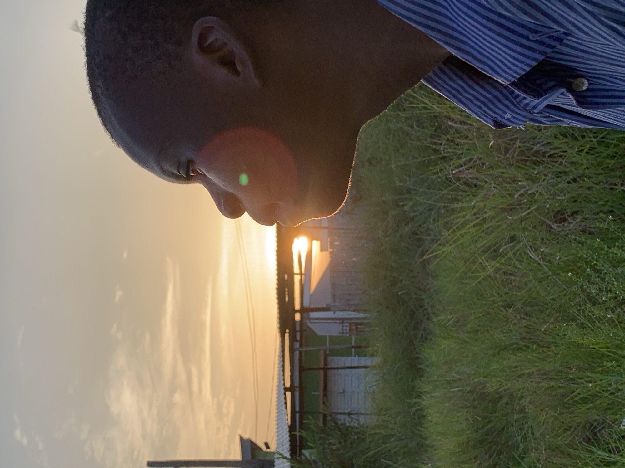 The image captures a serene outdoor scene at either sunrise or sunset in Ibasa, Nigeria, characterized by warm, golden light. A person, likely male, is featured in profile on the left side of the frame, their gaze directed towards the bright horizon. Their dark skin is strongly backlit by the sun, creating a luminous rim light that outlines their head, jawline, and ear. A subtle green lens flare is visible on their cheek. They have short, dark hair and are wearing a blue and white striped long-sleeved shirt, visible across their back and shoulder.
The background features a warm, hazy sky with soft, diffuse clouds. The bright sun is visible near the center-right, casting a vivid glow and partially obscured by distant, silhouetted structures that appear to be small buildings or fences, indicative of a rural or village setting. The foreground and much of the right side of the frame are covered in lush, green grass, suggesting an open field or yard. The overall impression is one of natural beauty and quiet contemplation during the golden hour. No visible text is present.