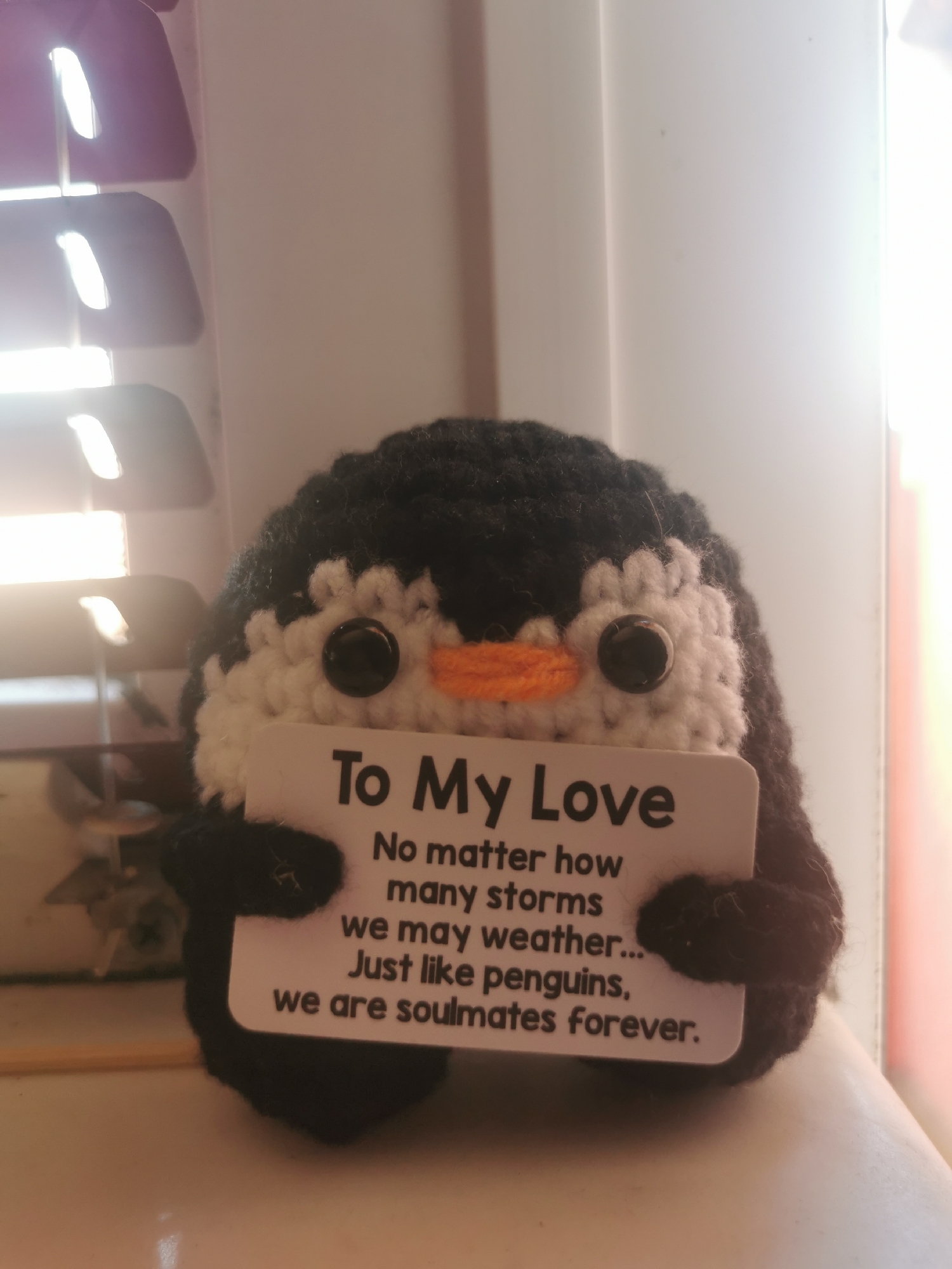 A crocheted penguin plushie is prominently featured, holding a white card with a heartfelt message. The plushie is predominantly black with white details around its face, giving it a charming, handcrafted appearance. It has two small, shiny black button eyes and a vibrant orange beak.
The card held by the penguin reads: "To My Love / No matter how / many storms / we may weather... / Just like penguins, / we are soulmates forever."
The setting appears to be indoors, with bright natural light streaming in from the left side of the frame, indicating daylight. This light source creates strong highlights and shadows, particularly visible through white Venetian blinds in the background. The surfaces visible beneath and around the plushie are light-colored, possibly a window sill or a shelf, which reflects some of the light. The overall mood conveyed is warm and affectionate, emphasized by the message on the card. This scene is set in Blagoevgrad, Bulgaria.