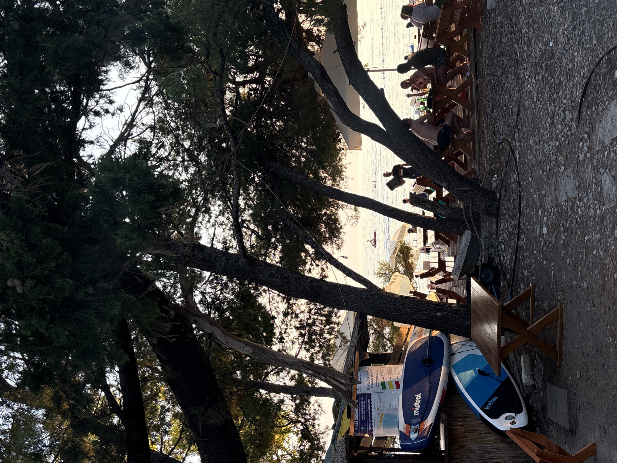 In the city of Bar, Montenegro, a beachside scene unfolds under the dappled shade of trees. In the foreground, two paddleboards are stacked on top of each other, leaning against a textured wall. One is blue with white lettering that reads "mistral," and the other is white with blue and black geometric patterns and reads "koetsu." A wooden picnic table with an "X" base sits in front of the paddleboards, resting on a gravelly ground.
Beyond this, a group of people are seated at picnic tables under the shelter of trees and umbrellas, some dining and others engaged in conversation. The tables are made of wood, with benches that have a similar "X" leg design. Bottles and glasses are visible on the tables. A man stands further back, holding a dark rectangular object.
The background reveals the Adriatic Sea, with a few small boats visible on the water. The sky is a soft, warm color, suggesting either sunrise or sunset. Beach umbrellas dot the sandy shore beyond the seated patrons. A sign with information, possibly about beach regulations or services, is partially visible on the left. The overall atmosphere is relaxed and indicative of a casual, outdoor dining experience by the sea.