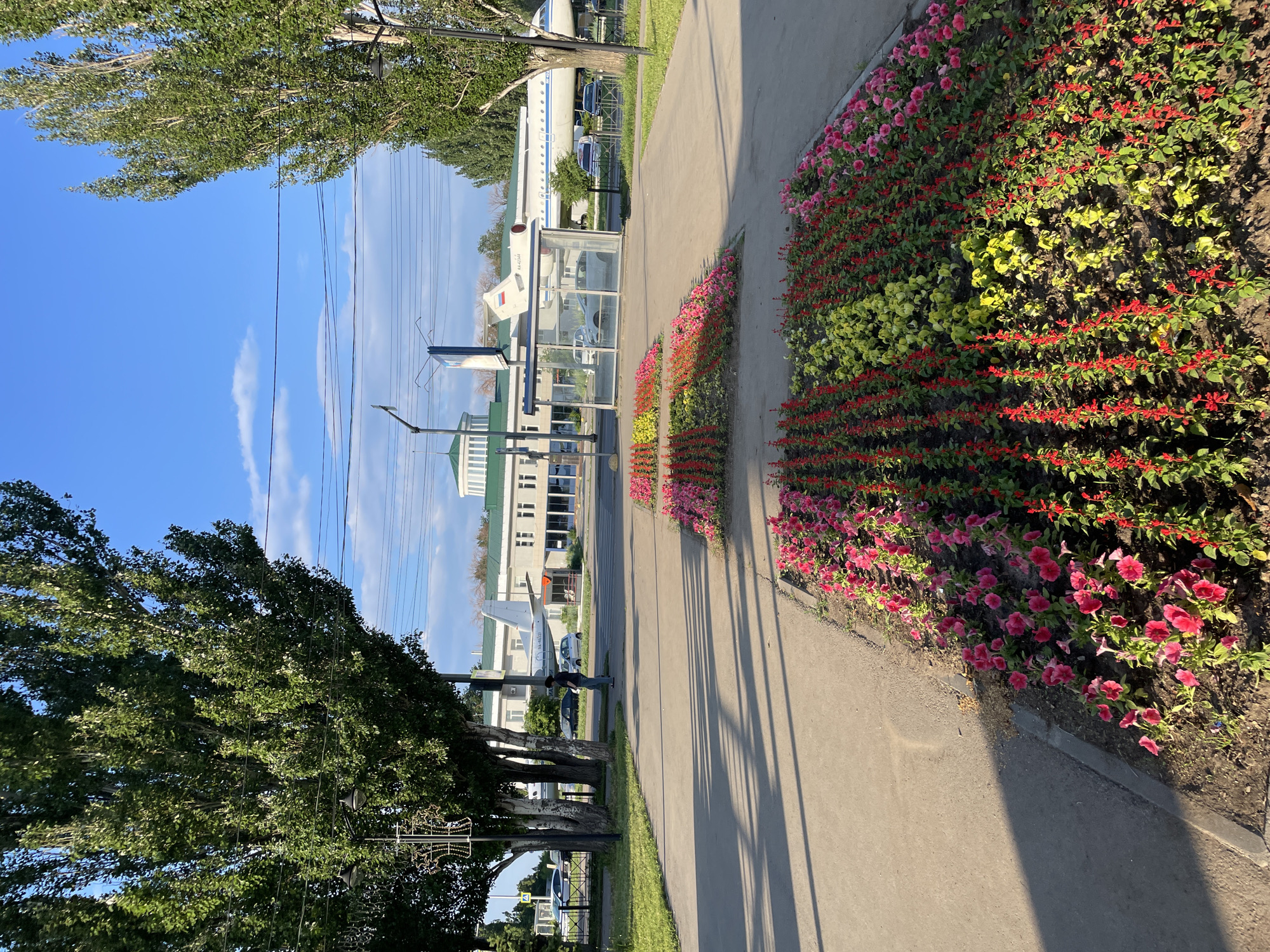 The image depicts a view of the Saratov Gagarin Airport (GSV) in Saratov, Russia, during daylight. In the foreground, a concrete pathway is lined with vibrant flower beds filled with red, pink, and yellow flowers. Tall, leafy trees flank the pathway, casting shadows on the ground. Beyond the pathway, a white airplane with blue and red accents is parked outside a modern building with a green roof. The building appears to be an airport terminal, with large windows and several rows of lights. A person is standing near the airplane, and several cars are parked in the vicinity. A glass-enclosed bus stop structure is also visible. The sky is clear blue with a few wispy clouds. The scene suggests a sunny day at the airport.