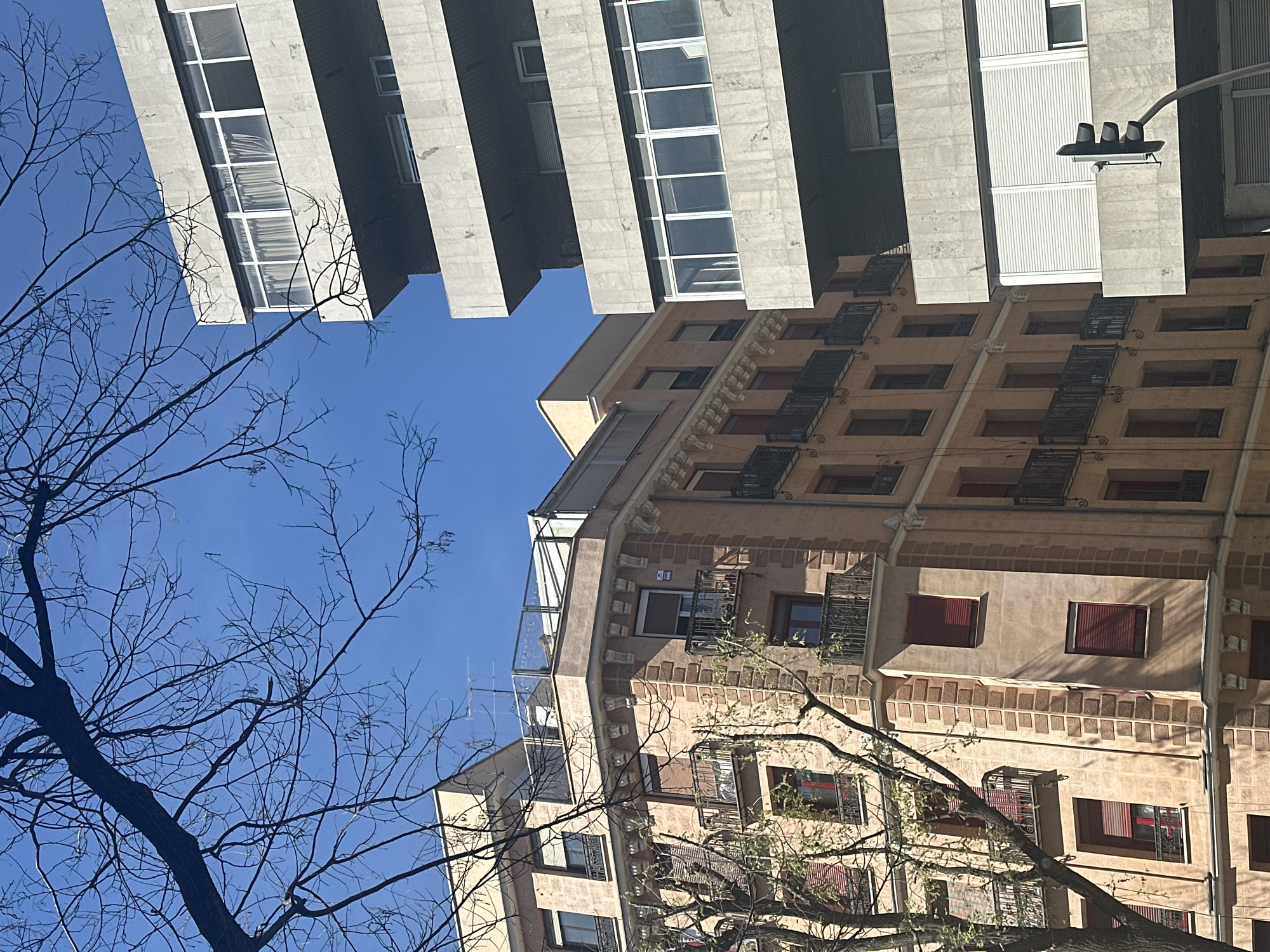 The image captures a view upward towards two buildings in Madrid, Spain, under a bright blue sky. A bare tree branches out in the lower left portion of the image, adding a natural element to the urban setting. The building on the left is a modern structure with a repeating pattern of rectangular windows and concrete dividers. The building on the right features a more traditional architectural style, with small balconies, rectangular windows with red blinds, and decorative stonework. There is a traffic light visible on the building on the right. The angle of the shot emphasizes the height and proximity of the buildings, creating a contrast between modern and traditional architecture.