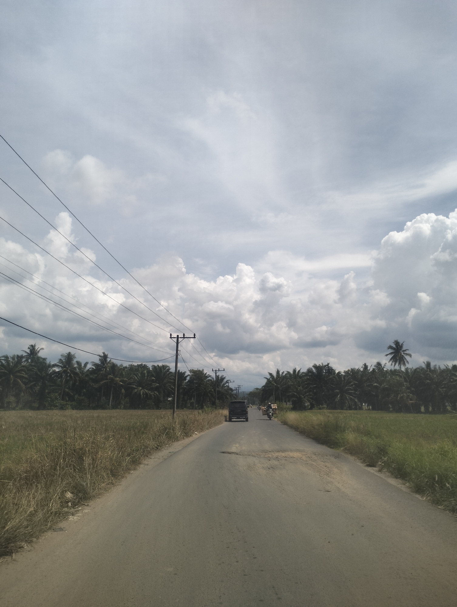 The image depicts a road in Kruengmanyang, Indonesia, under a cloudy sky. The road is paved and appears to be in moderate condition, with some areas of rough surface visible. On either side of the road, there are fields of dry grass and some green vegetation, bordered by a dense line of palm trees. Power lines run diagonally across the upper left portion of the image, supported by utility poles. In the distance, two vehicles are traveling on the road: a dark-colored van or SUV and a motorcycle carrying two individuals. The van is in the left lane, and the motorcycle is in the right lane. The overall scene suggests a rural or semi-rural setting.
