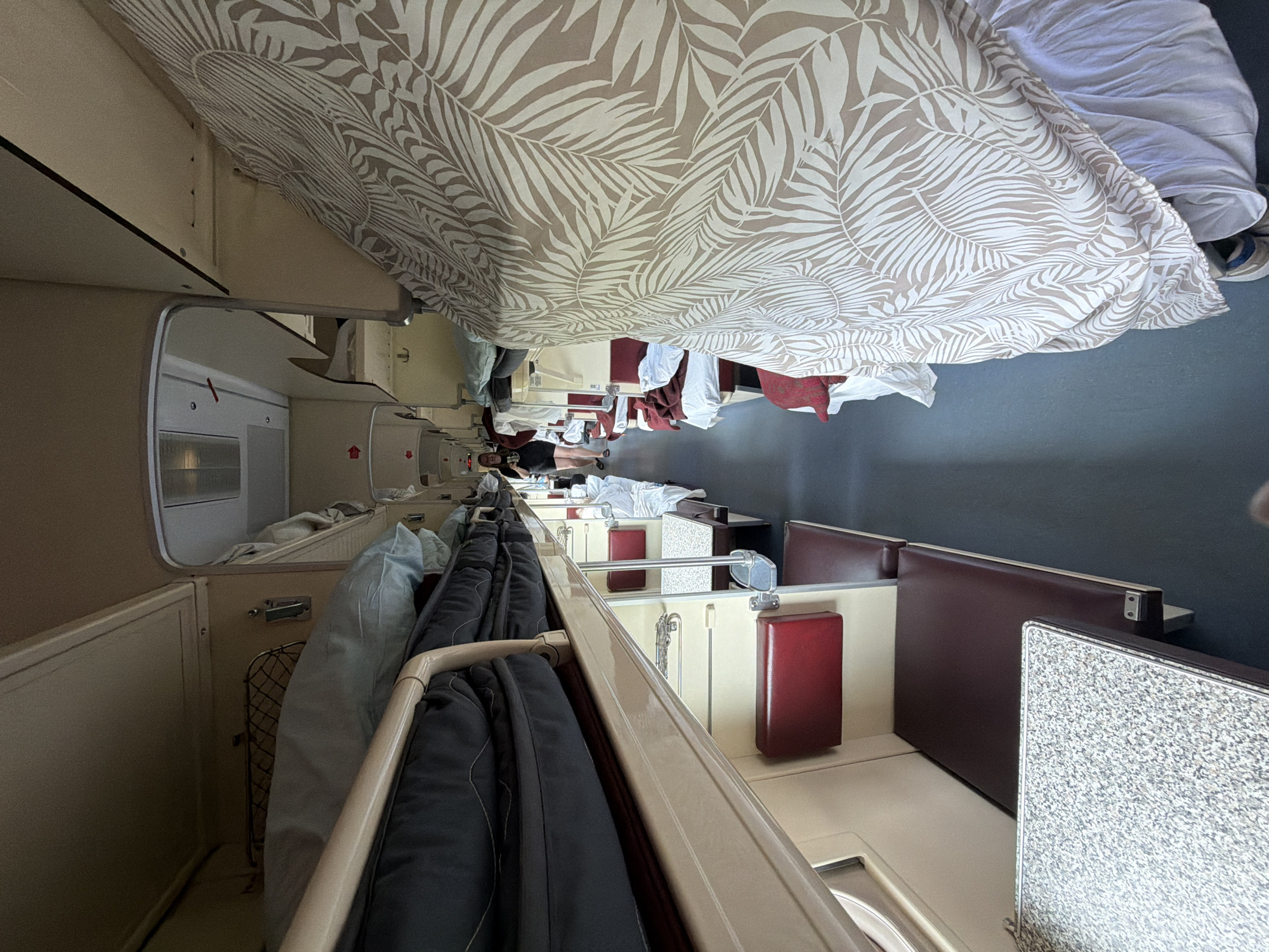 The image depicts the interior of a train compartment, seemingly in motion, likely in or near Starominskaya, Russia. The carriage features upper and lower berths. The upper berth is covered with a brown and white leaf-patterned bedsheet, and a partially visible white sheet. The lower berth contains red pillows, white sheets, and a prone figure facing the camera. The figure is clothed in black, with visible legs and arms.
To the left of the frame are compartments with foldable tables, storage areas, and hanging racks with blue and grey outerwear. The opposite side of the train car contains a maroon seat back and a light-colored, speckled countertop. Chains and a red rectangular object are mounted to the wall. The floor appears dark grey. The image is rotated 90 degrees counterclockwise.