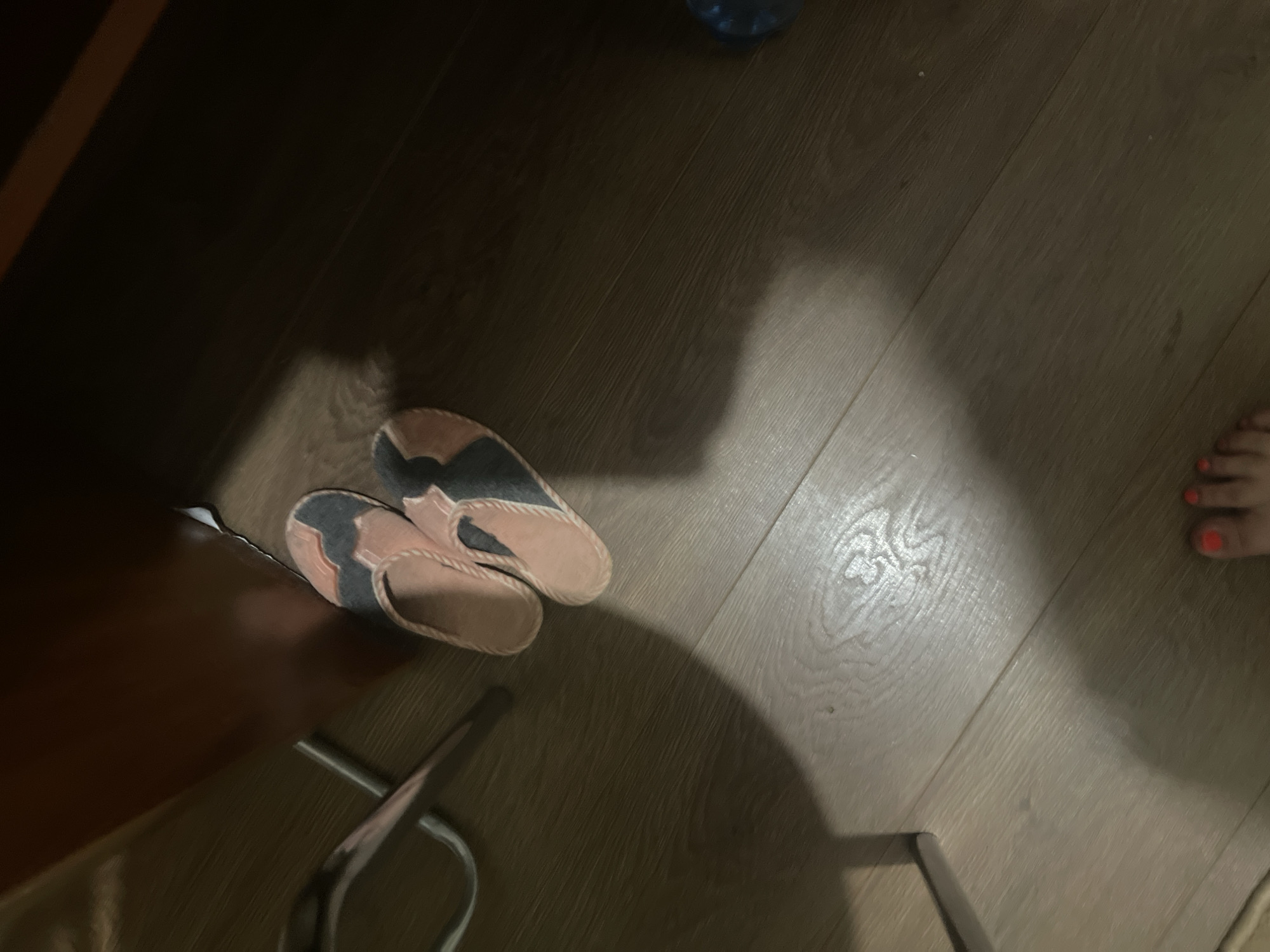 The image shows a pair of pink and gray patterned slippers on a light brown wooden floor. A shadow from furniture is cast on the floor to the left. A person's feet, with orange nail polish, are visible in the lower right corner of the image. The scene appears to be indoors, possibly a residential setting. There is no information in the image to suggest a specific location in Poltava, Ukraine.