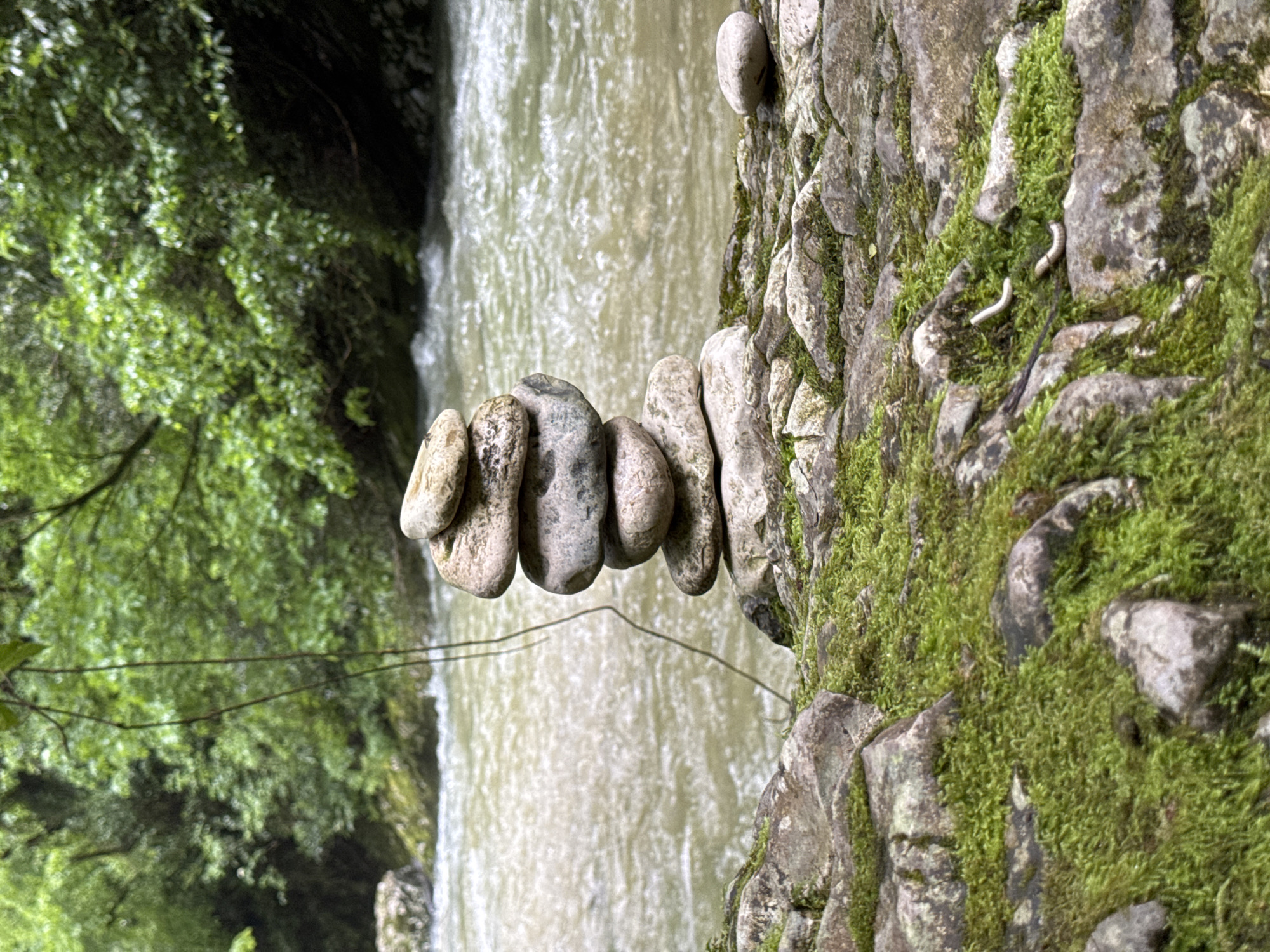 The image depicts a small stack of balanced stones on a moss-covered rock face next to a waterfall in Tsabal, Abkhazia. The stones are smooth and various shades of grey. Lush green foliage is visible on the left of the image, contrasting with the turbulent, light brown water of the waterfall in the background. The moss on the rock face is dense and vibrant green. A twig spans the gap between the stone stack and the foliage.