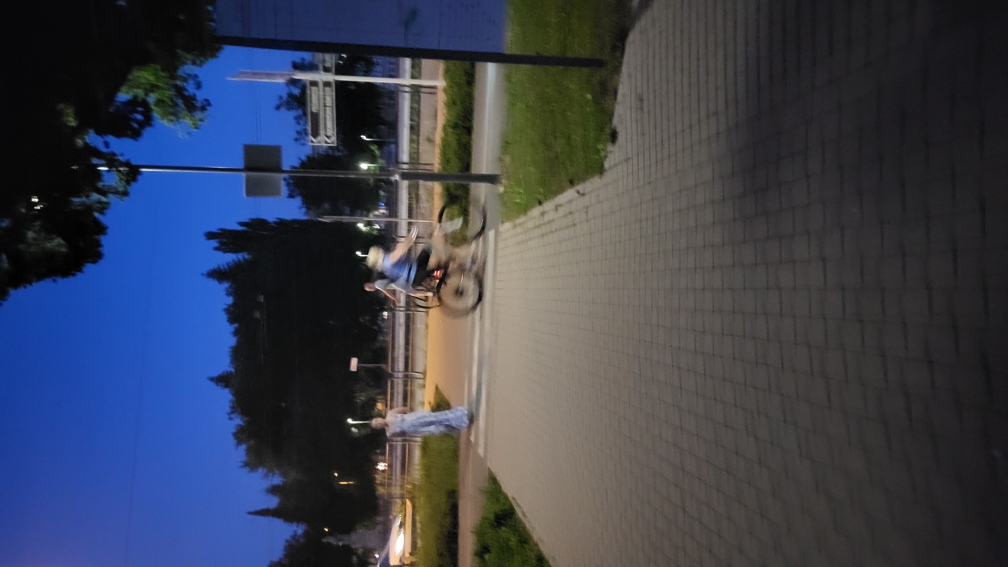 At dusk in Prešov, Slovakia, a person in a light blue, floor-length dress walks across a pedestrian crossing marked by white stripes on a brick-paved path. Behind them, a cyclist in a blue t-shirt and dark shorts is captured in motion blur, their bicycle's rear wheel also blurred. The cyclist is on the same pedestrian crossing. The background features trees silhouetted against a deep blue twilight sky, with streetlights visible in the distance and traffic signs mounted on poles. Grass lines the side of the path.