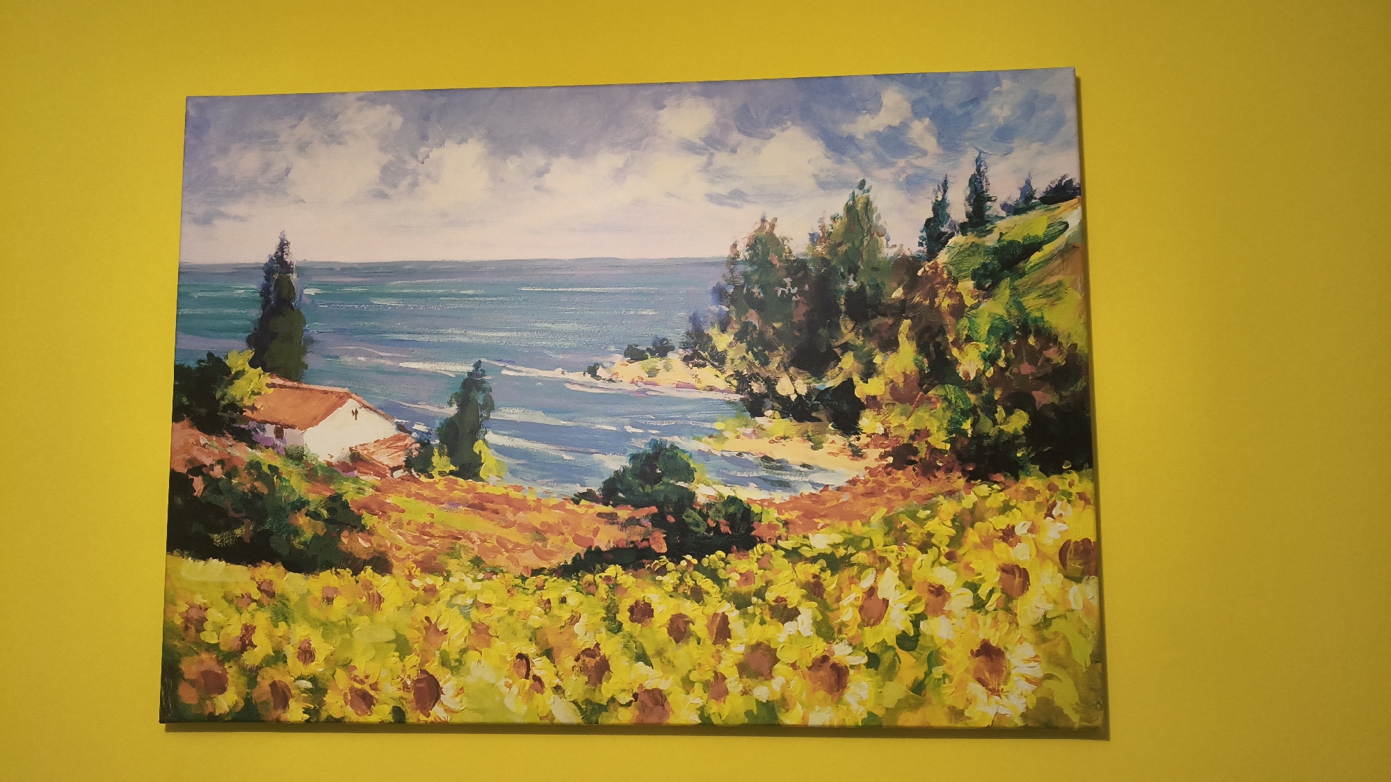 A rectangular landscape painting, rendered in an impressionistic style with visible brushstrokes, is centrally displayed against a uniformly bright yellow wall. The artwork depicts a vibrant coastal scene under a partly cloudy sky. The upper portion of the painting features a light blue sky populated with scattered white clouds. Below the sky, an expanse of blue-green sea extends to the horizon, with discernible waves or whitecaps along the shore. On the left side of the painting, a white house with a terracotta-colored roof is nestled on a hillside. Several tall, dark green coniferous trees, resembling cypresses, are interspersed across the landmass and near the coastline. The foreground is dominated by a field of blooming sunflowers, characterized by their bright yellow petals and brown centers. The overall scene is brightly illuminated, suggesting daylight. No individuals, specific actions, or textual elements are depicted within the painting. The image does not contain any visual information that would allow for the determination of its location in the city of Shumen, Bulgaria.