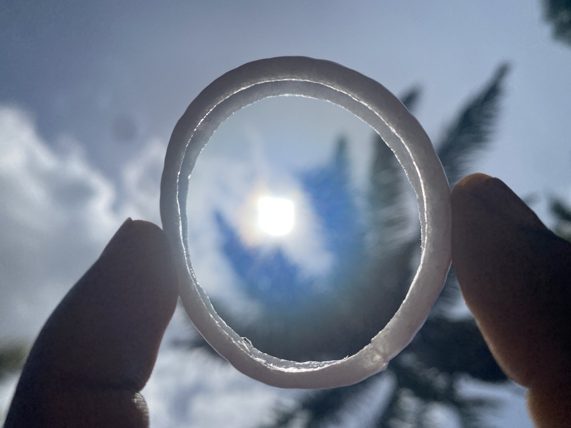 The image presents a close-up, eye-level shot of a person's hands holding a translucent, circular object against a bright sky. Two fingers are visible, one on each side, gripping the thin, somewhat irregular edges of the ring.
The central focus is the circular object, which appears to be a slice of an onion or possibly ice, held up to frame the sun. The sun itself, a brilliant white, almost square-shaped light source, is positioned directly within the center of the ring, creating a powerful visual impact and localized overexposure. This intense light causes lens flare.
Through the transparent center of the ring, the background shows a vibrant blue sky with soft, diffuse white clouds. Behind the sun and extending beyond the ring's perimeter, dark, out-of-focus shapes are visible, strongly resembling the fronds of a palm tree, hinting at a tropical or subtropical environment.
The scene takes place during the daytime, with the sun high in the sky, indicating bright and clear weather conditions. The act of framing the sun through the object suggests a moment of playful interaction with light and nature. There is no visible text in the image. The location context for this image is Maigizo, Nigeria.