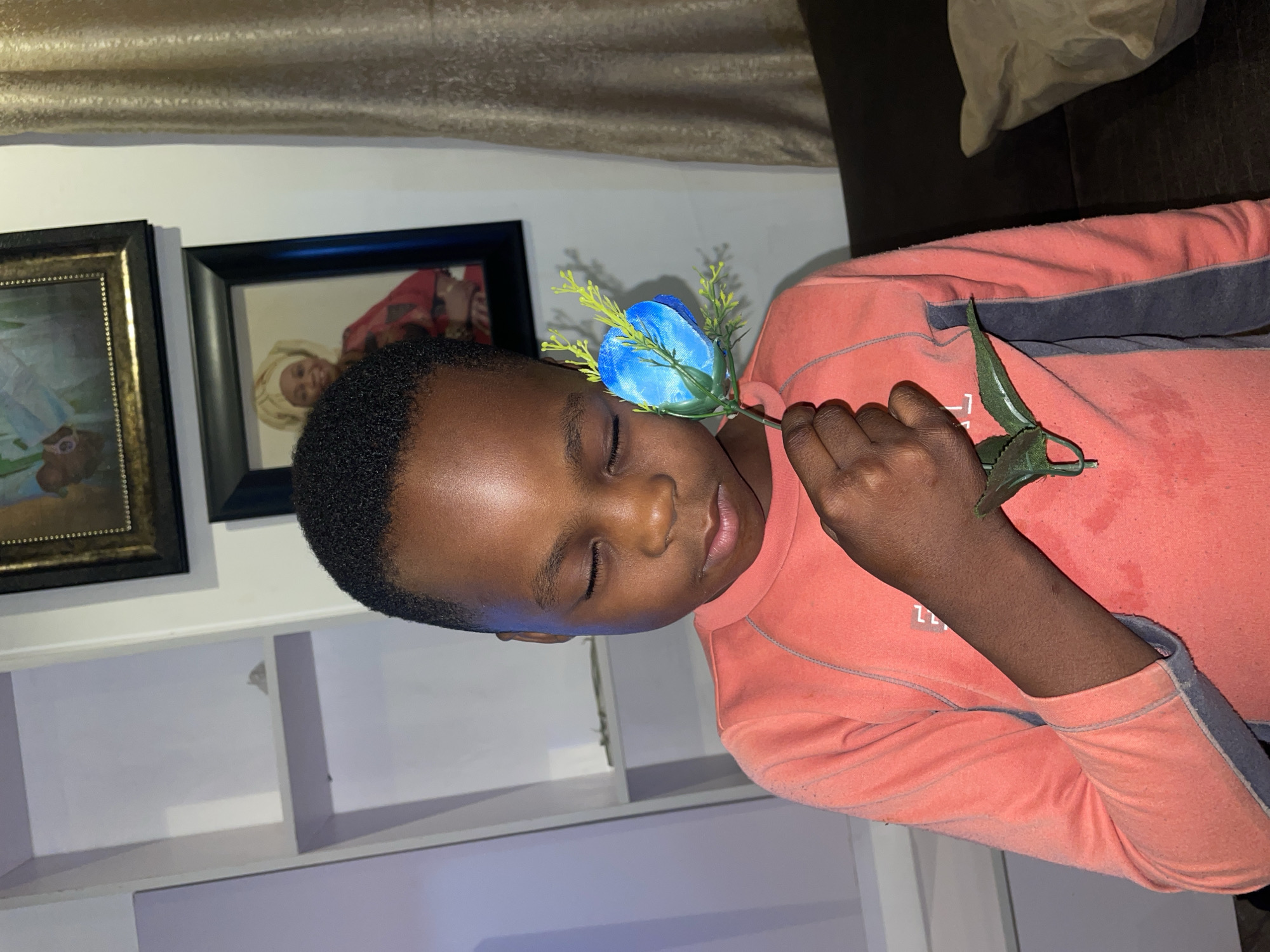 A boy with dark skin, short black hair, and closed eyes lies on his side holding a blue flower. He wears a light pink long-sleeved shirt with gray sleeves. A white shelf with multiple compartments is behind him, along with two framed pictures on the wall. A brown couch is partially visible in the upper right corner. The image was taken indoors. There is no information available to indicate a connection to Jos, Nigeria.