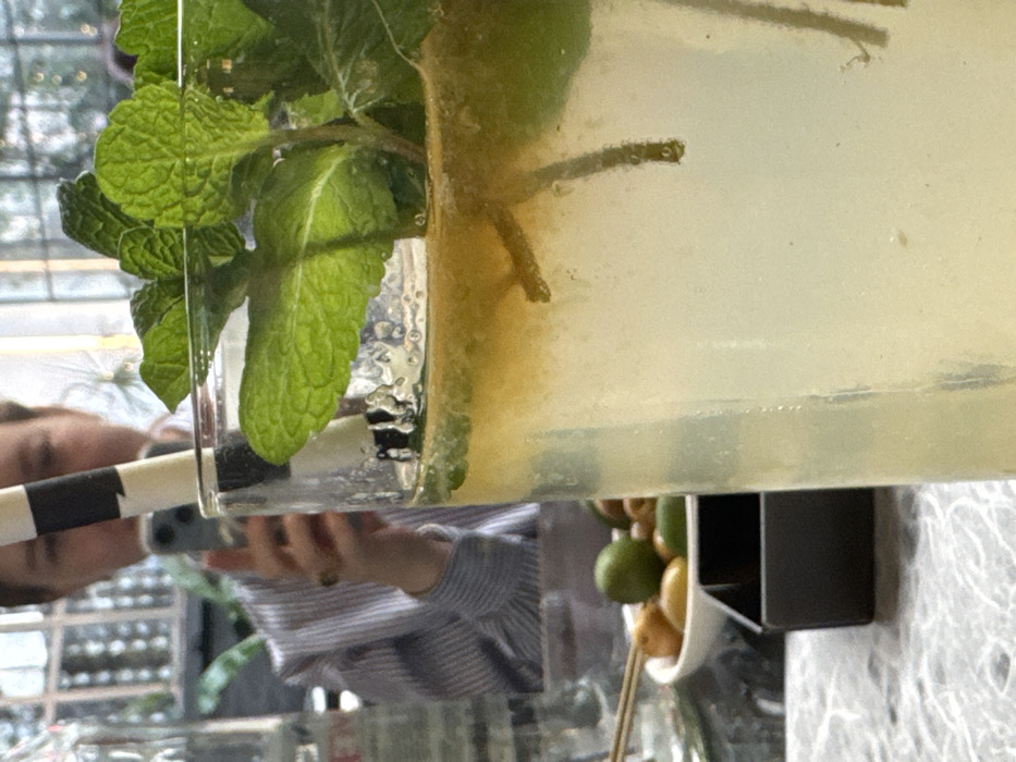 The image presents a close-up view of a beverage in a clear glass positioned on a light-colored, patterned table. The drink features a translucent, pale yellow liquid at the base, transitioning into a cloudier, yellowish-brown layer containing suspended particles and mint debris closer to the top. Multiple fresh green mint leaves and stems garnish the drink, with stems submerged in the liquid. A black and white striped straw extends vertically from the glass.
Reflected on a glass surface behind the drink, a person is visible from the chest up, wearing a light blue and white striped button-up shirt with cuffs. A golden ring adorns a finger on their right hand, which is holding a dark-colored smartphone vertically, suggesting the person is taking a photograph.
To the left of the drink glass on the table, a small white bowl contains several small, spherical green and yellow-orange fruits, resembling olives or kumquats, alongside two thin wooden skewers. A dark, rectangular object, possibly a small dish or coaster, is also on the table. A blurred clear glass bottle is partially visible in the background.
The environment, mostly out of focus, suggests an indoor or semi-outdoor establishment such as a cafe or bar, indicated by blurred architectural elements and green foliage, consistent with large windows or a conservatory. The exact location within Milan, Italy, is not discernible from the visual evidence; however, the scene aligns with a contemporary establishment characteristic of Milan's aperitivo culture.