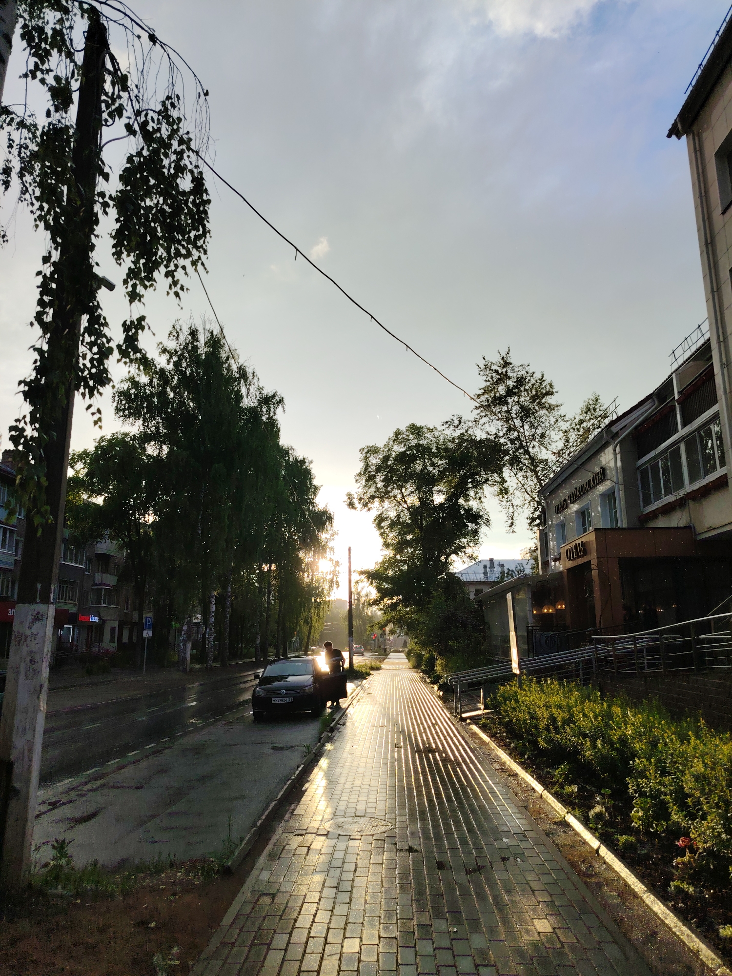 This image depicts a street scene in Chaikovsky, Russia, during what appears to be late afternoon or early evening, indicated by the low angle of the sun. The sun is partially obscured by trees, casting long shadows and highlighting the wet pavement and sidewalk, suggesting recent rain.
On the left side of the street, there are multi-story residential buildings. A black Volkswagen sedan is parked along the curb, with its driver's side door open and a person leaning into the car. The street itself is asphalt and wet, with visible lane markings.
A paved sidewalk runs parallel to the street, constructed of grey rectangular pavers. The sun's rays create a striking pattern of light and shadow across the wet sidewalk. On the right side of the sidewalk, there is a patch of green bushes and a low wall. Further down the sidewalk, a modern building with a glass facade and a brown awning is visible, with text above the entrance that appears to read "ОТЕЛЬ" (Hotel).
Lining the street and sidewalk are numerous tall, slender trees, likely birches, with distinctive white bark and lush green foliage. A utility pole with visible wires stands prominently in the foreground on the left, adorned with hanging branches and leaves. The sky is partly cloudy, with patches of blue visible.
