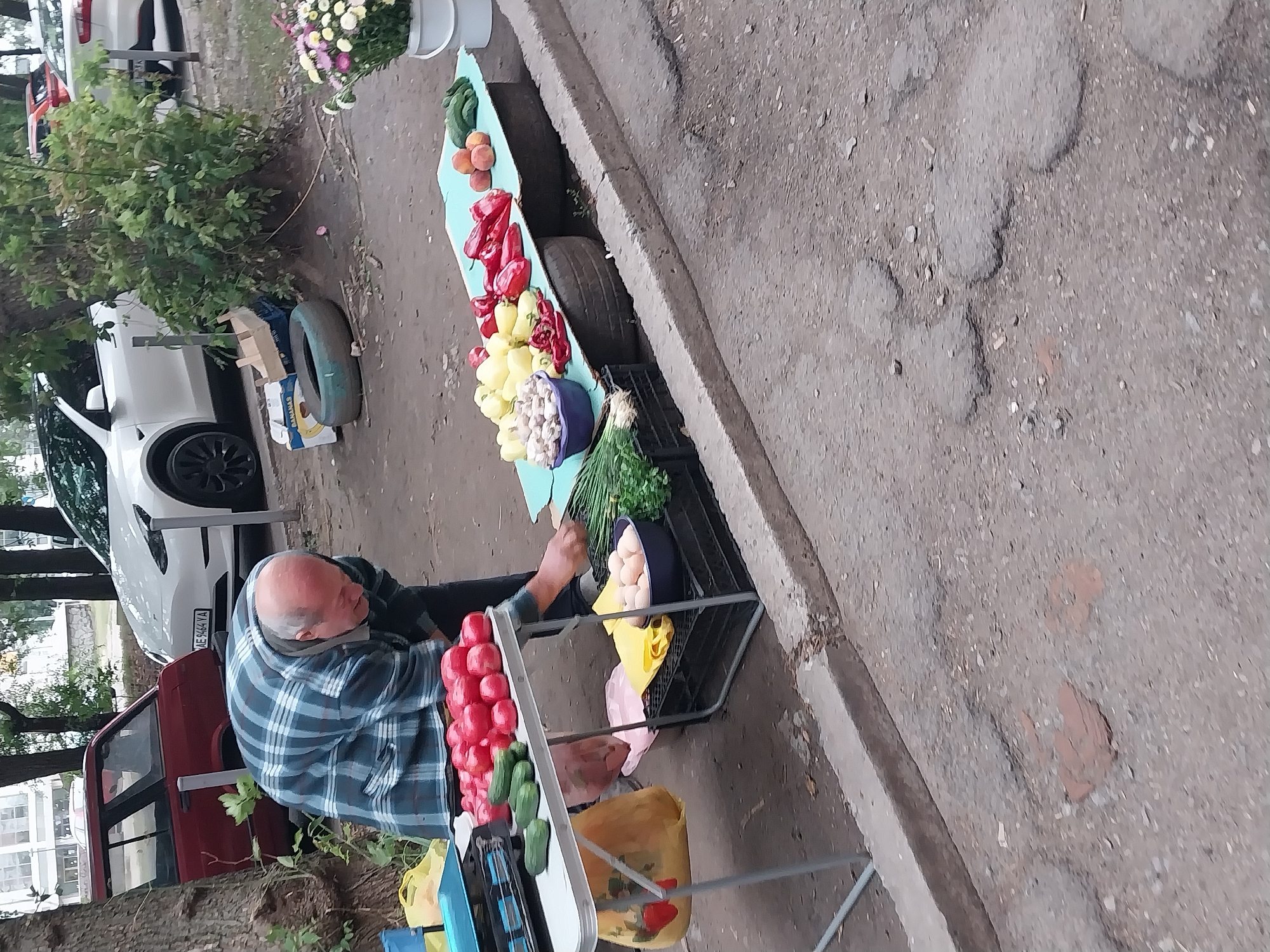 A middle-aged man with thinning gray hair, wearing a blue and white plaid shirt, is bending over a table laden with produce. He is looking down at the table, which displays a variety of fruits and vegetables including tomatoes, cucumbers, bell peppers, peaches, and mushrooms. On the ground next to the table, there are plastic bags, a blue bowl filled with eggs, and black crates. The scene is set on a paved street or sidewalk, with a curb separating the street from a grassy area with trees. In the background, a white Tesla car and a red car are parked. The overall impression is of a street vendor selling produce, likely in Dnipro, Ukraine, given the context of the cars and general urban environment.