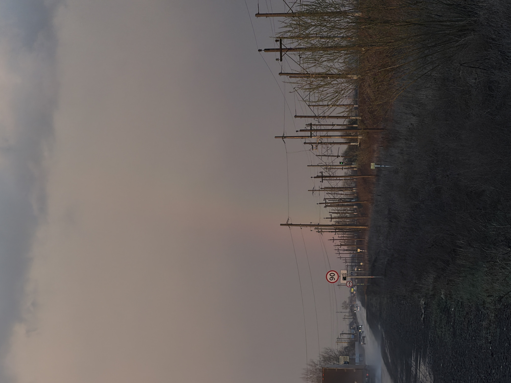 The image shows an overcast rural road with power lines in Krasnoyarsk, Russia. A red-rimmed speed limit sign displaying "60" is visible. The road surface is dark and appears wet. Sparse vegetation flanks the road's edge. Vehicles are present in the distance. The sky is uniformly gray.