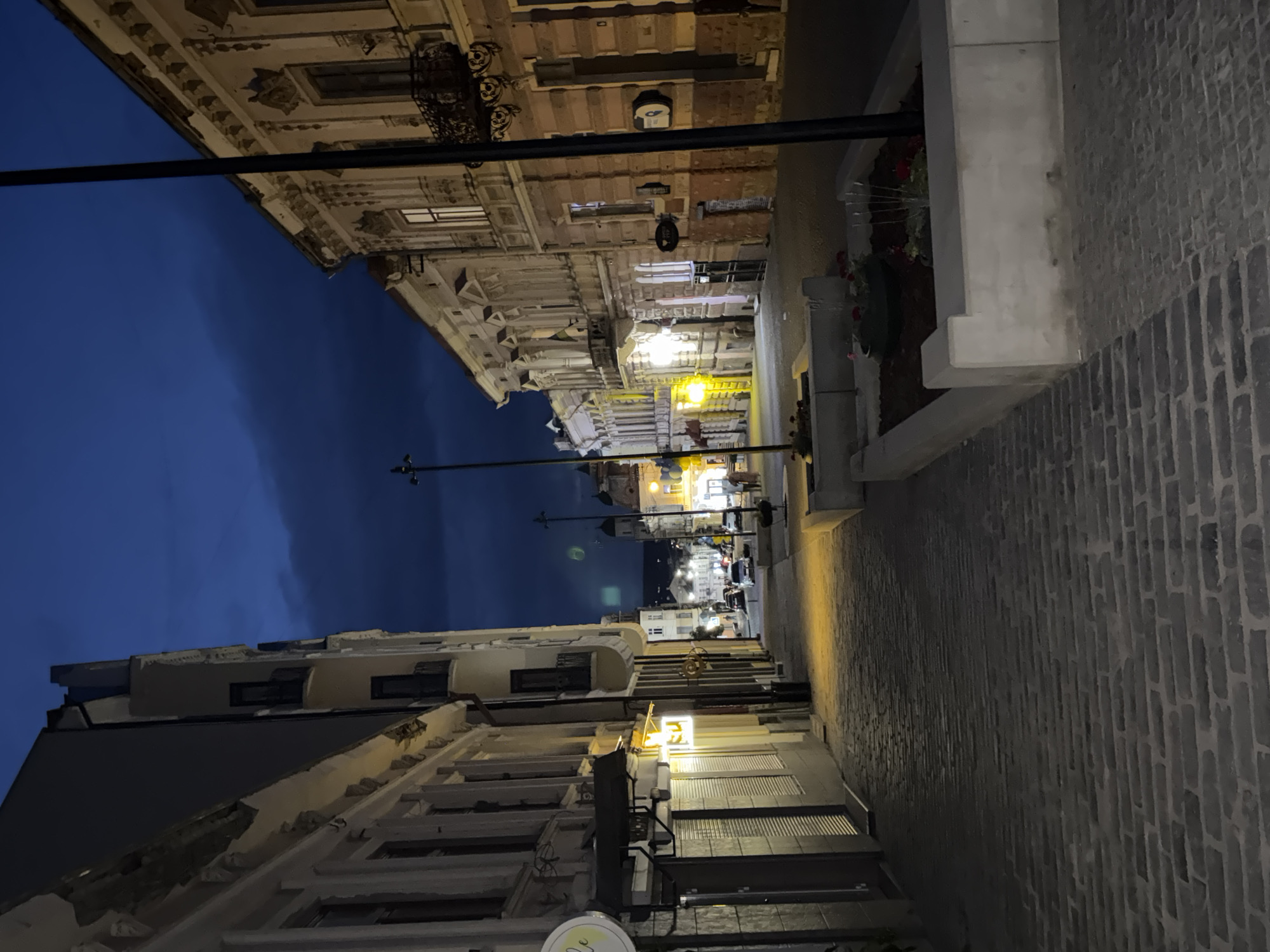 The image captures a cobblestone street in Chernivtsi, Ukraine, at dusk. Buildings line both sides of the street, their facades illuminated by warm yellow lights from shops and windows. Some buildings feature decorative architectural elements, such as balconies with ornate railings. The sky above is a deep blue, with hints of darker clouds. In the distance, streetlights cast pools of light on the pavement, and a few cars are visible, suggesting ongoing traffic. Two planters with small plants and flowers are positioned along the right side of the street. The overall atmosphere is calm and tranquil, with the lighting creating a cozy, inviting ambiance.
