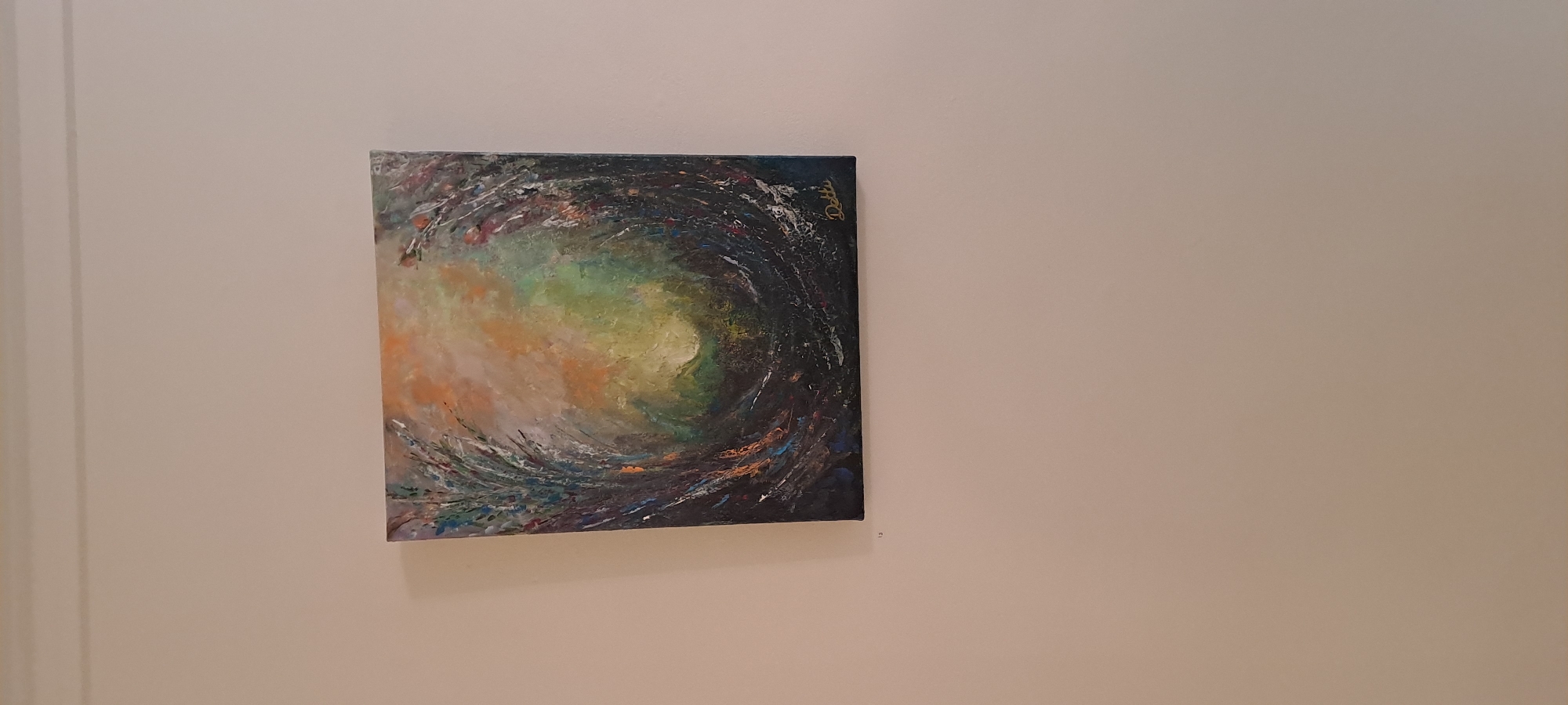 A square, abstract painting is hung on a plain, light-colored wall. The painting features a swirling, tunnel-like composition with dark, textured edges that transition into a bright, luminous center. The colors are a mix of earthy tones, including greens, oranges, browns, and blues, with visible brushstrokes and impasto techniques. The artist's signature, "Dotti," is visible in gold lettering in the bottom right corner of the painting. There is no indication of a specific location in Castlebar, Ireland, associated with this artwork. The surrounding environment is a neutral wall with some subtle shadow lines near the top, suggesting interior lighting. No people or specific objects other than the painting are present in the frame.