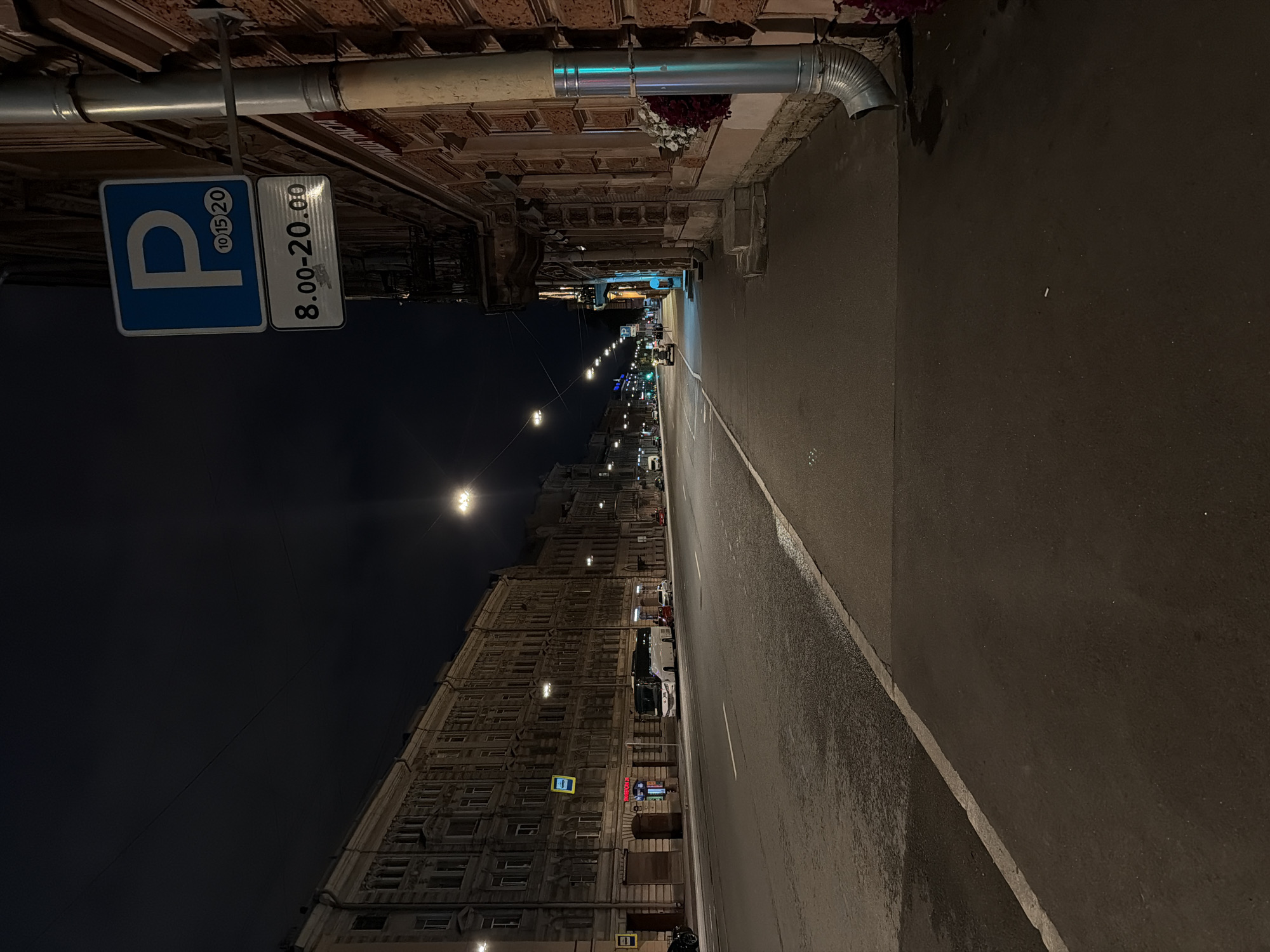 The image depicts a street scene at night in Saint Petersburg, Russia, specifically on Nevsky Prospekt. A street, lined with ornate, multi-story buildings on the left, stretches into the distance. On the right, a textured brick building features a large, silver downspout adorned with flowers in a planter. A "P" parking sign with additional time restrictions (10-15-20) and operating hours (8:00-20:00) is mounted on the downspout. The road appears wet, reflecting the streetlights. A white bus and several cars are visible on the road, with sparse pedestrian activity. The sky is dark and clear, with visible power lines.