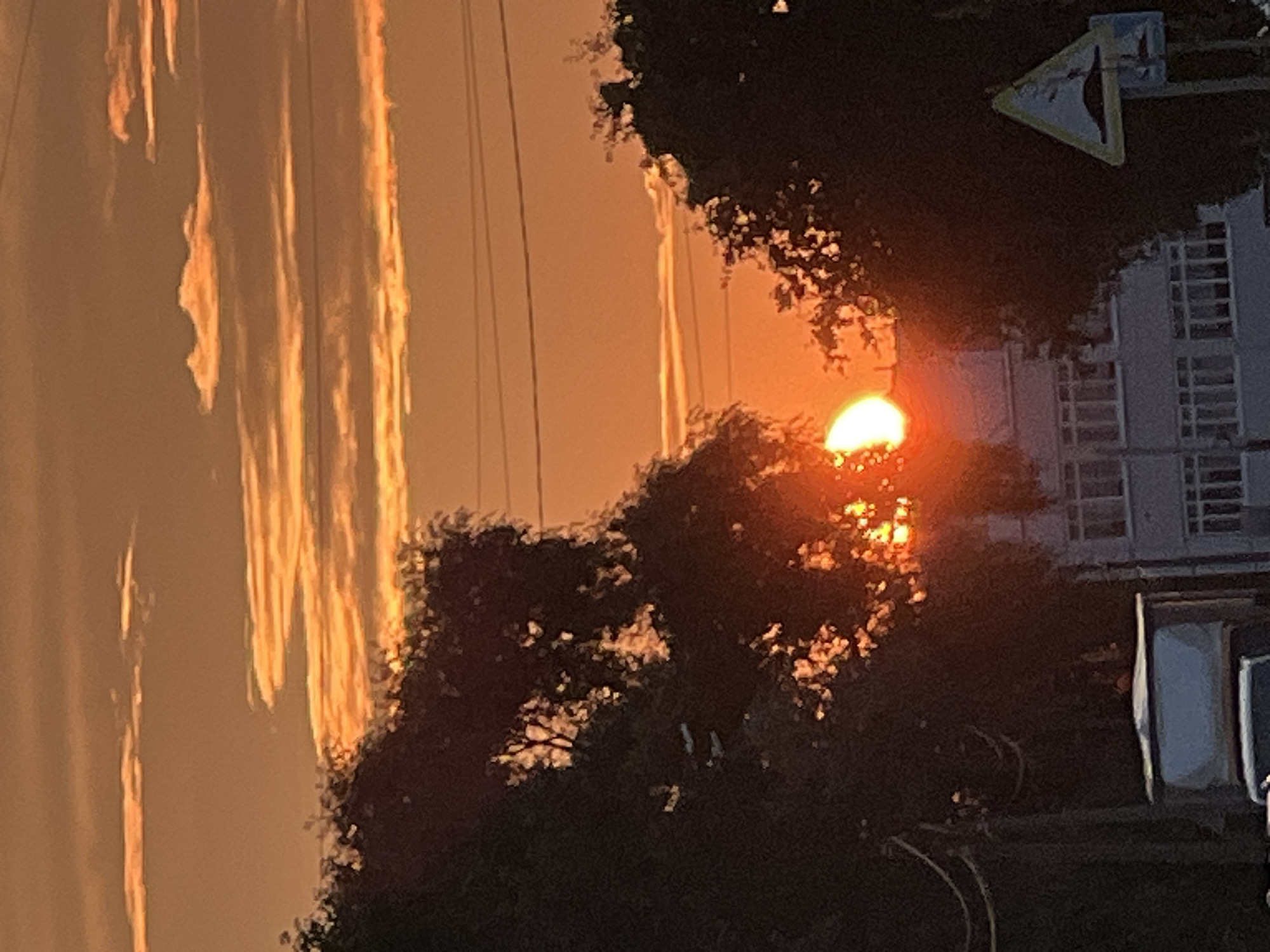 The image captures a sunset over the city of Chaikovsky, Russia. The sky is a vibrant orange with horizontal streaks of lighter clouds. Silhouetted trees frame the scene, with the sun, a bright orange semi-circle, peeking through the branches on the left side of the frame. In the background, a multi-story building with rows of windows is visible, and a yellow triangular road sign with a black symbol indicating a speed bump is present on the right. The foreground shows the top of a light-colored vehicle and a utility pole with wires.