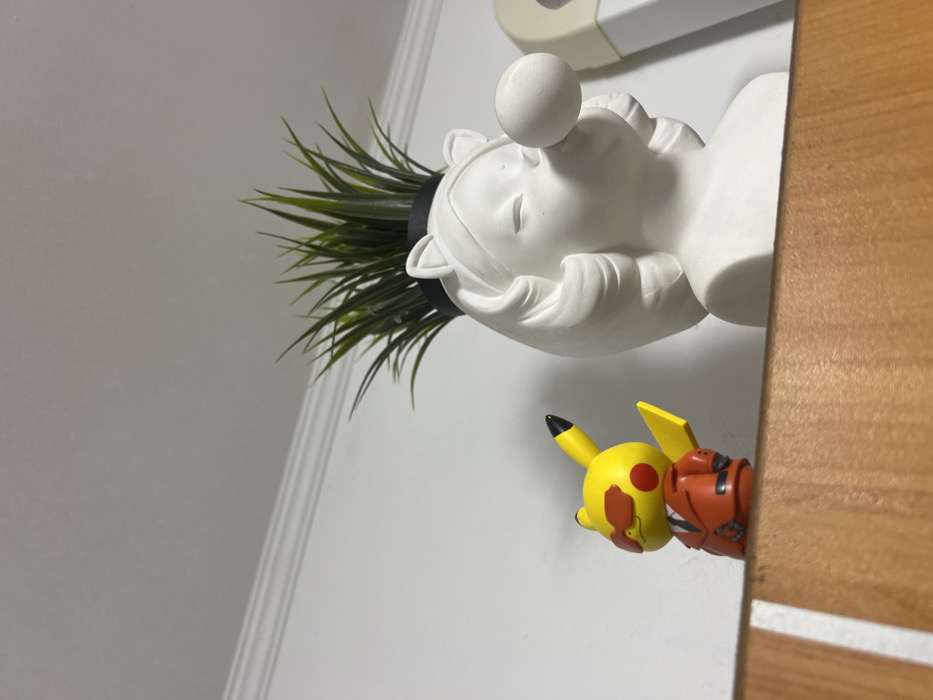 A sideways close-up captures a white head-shaped planter with green grass sprouting from the top. The planter features closed eyes and a ball balanced on its forehead. Below, two Pokémon figurines, Pikachu and Growlithe, are visible near the edge of a wooden door frame. The background consists of a white wall with molding details.