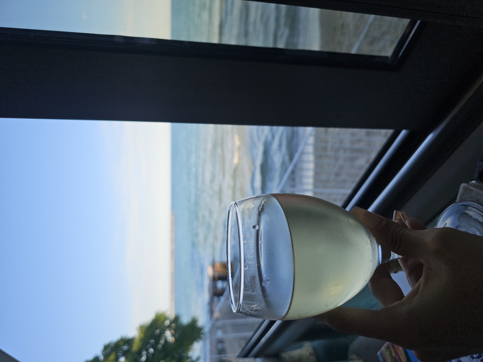 A person's hand, with light-colored nail polish, holds a wine glass filled with a light-yellow beverage. The glass is positioned in the foreground, slightly off-center to the left. Behind the glass, a body of water, likely a lake or ocean, stretches to the horizon under a clear blue sky. The water has gentle waves and appears somewhat choppy. A white railing runs along the edge of a deck or patio, with some greenery and trees visible on the left side of the frame. A dark, vertical frame, possibly a window mullion or doorway, occupies the right side of the image, obscuring part of the view. The scene suggests an outdoor setting, possibly a restaurant or balcony overlooking a waterfront. The overall lighting indicates it is daytime, with soft light illuminating the scene.