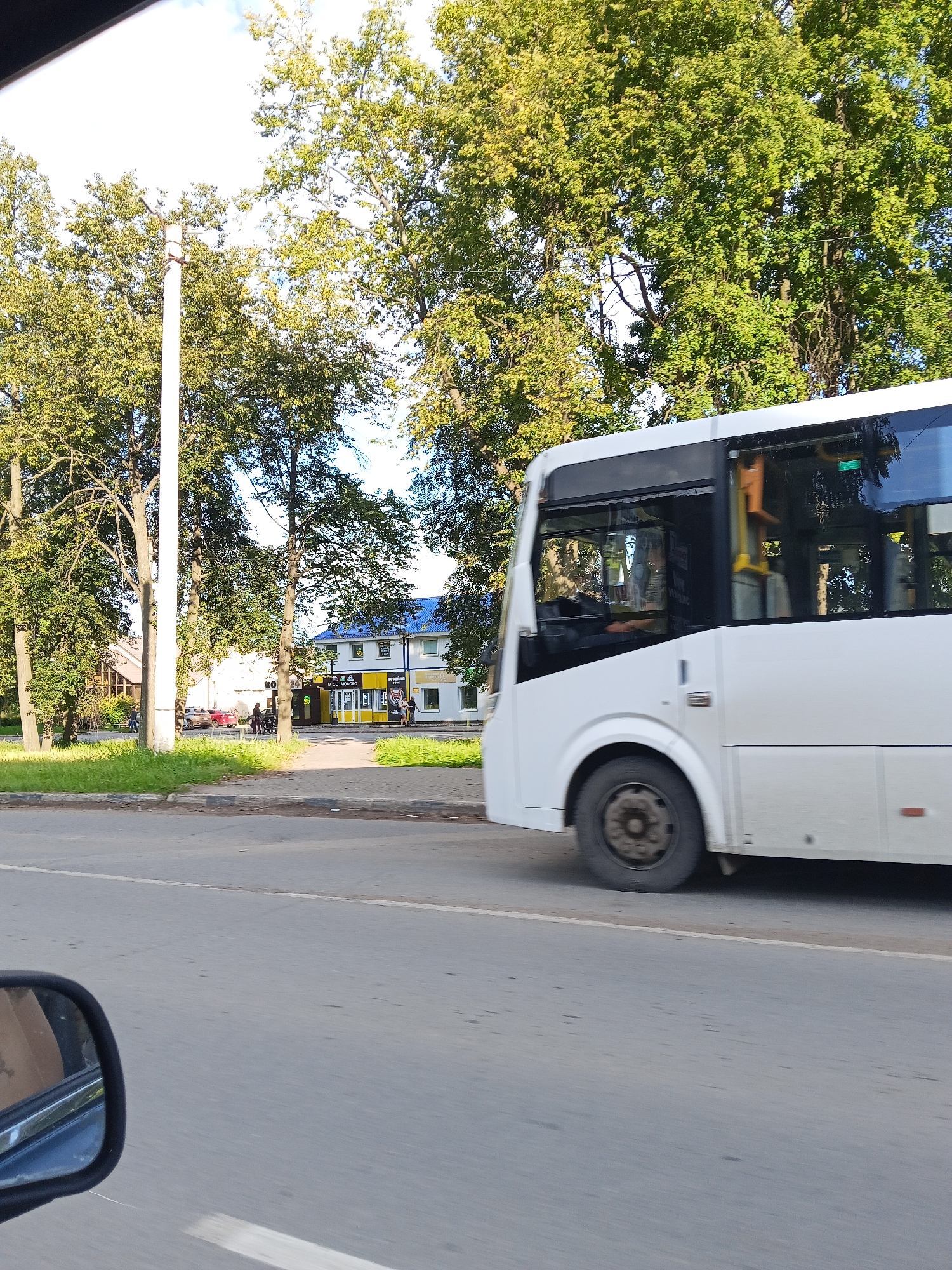 The image shows a white bus moving on a road in Chaikovsky, Russia. The bus is in motion, with its wheels visible and slightly blurred. The scene is set outdoors, with lush green trees lining the right side of the road. In the background, there are several buildings with blue and yellow facades, suggesting a commercial or residential area. Some people are visible walking on the sidewalk in front of the buildings. The road itself appears to be paved, with a white line marking the lane. A car is parked on the side of the road near the buildings. The sky is partly cloudy. A rearview mirror is visible in the lower left corner of the image, indicating that the photo was taken from a vehicle.