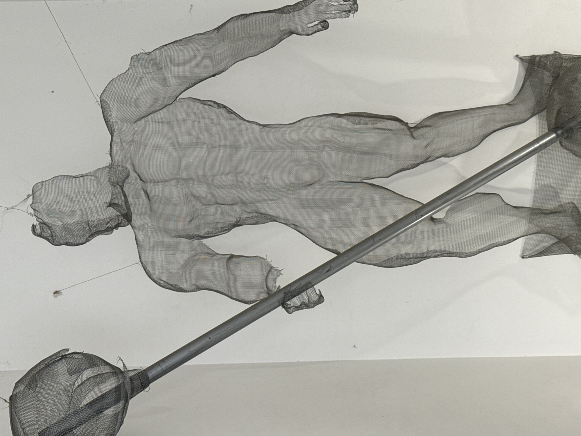This media file displays an art installation featuring a dynamic sculpture of a male human figure. The figure is crafted from a dark, fine wire mesh, giving it a translucent and ethereal quality. It is depicted in a pose suggesting movement, such as running, jumping, or floating, with arms raised and one leg extended. The intricate mesh defines the musculature and anatomical form of the male body.
The sculpture is suspended against a plain, light-colored background, likely a gallery wall or ceiling, with thin suspension wires visible. A long, slender metal rod or staff extends diagonally across the lower portion of the image, positioned in relation to the mesh figure. This staff incorporates the same dark mesh material at its ends, forming a basket-like or net structure at its lower-left extremity.
The image is largely monochromatic, with shades of grey for the sculpture and staff set against a white background, highlighting the textural details and sculptural form. The mesh material creates a play of light and shadow, adding depth to the artwork. The overall impression is one of weightlessness and arrested motion, presenting an artistic interpretation of the human form in Varna, Bulgaria. No visible text is present.