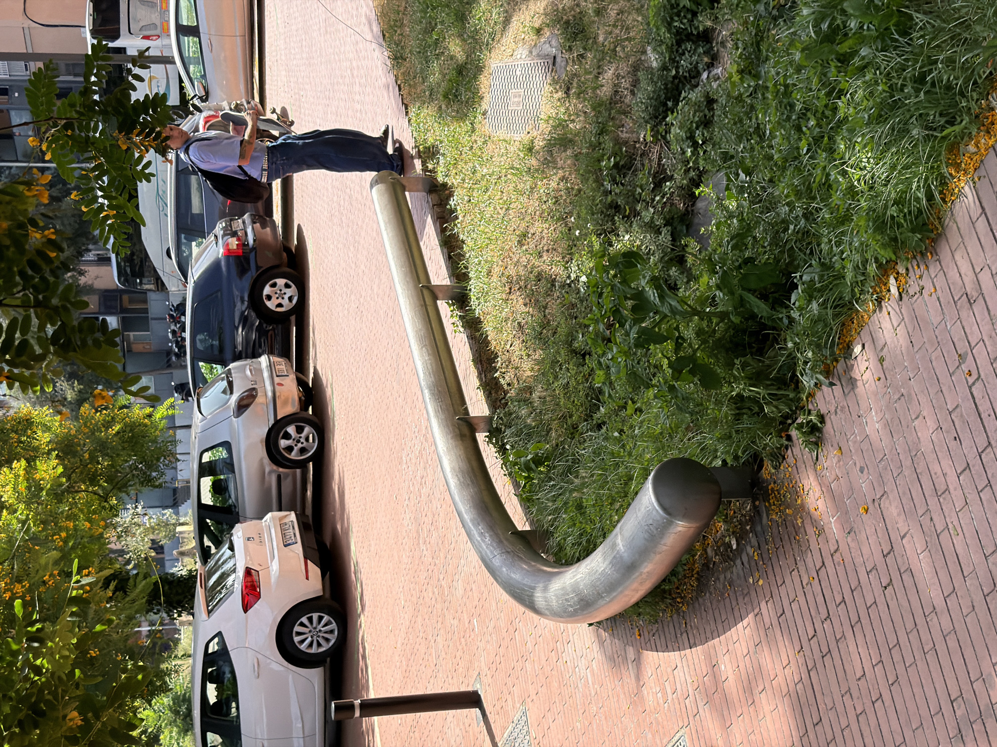 The image depicts a street scene in Barcelona, Spain, characterized by red brick paving and surrounding greenery. A man wearing a light blue t-shirt, dark blue jeans, and a backpack is standing on the pavement, holding a skateboard. He is facing away from the camera and towards the right side of the frame.
Several cars are parked in the background, including a white hatchback on the left, a silver hatchback next to it, and a dark blue hatchback further to the right. Beyond these, a large white bus and other vehicles are visible. The scene is illuminated by sunlight, casting shadows.
A curved metal railing runs along the edge of the pavement, separating it from a grassy area with some weeds and fallen yellow flowers. A black bollard is positioned on the left side of the pavement, near the white hatchback. A manhole cover with a patterned surface is visible in the grassy area. The overall environment suggests an outdoor urban setting with elements of nature interspersed.