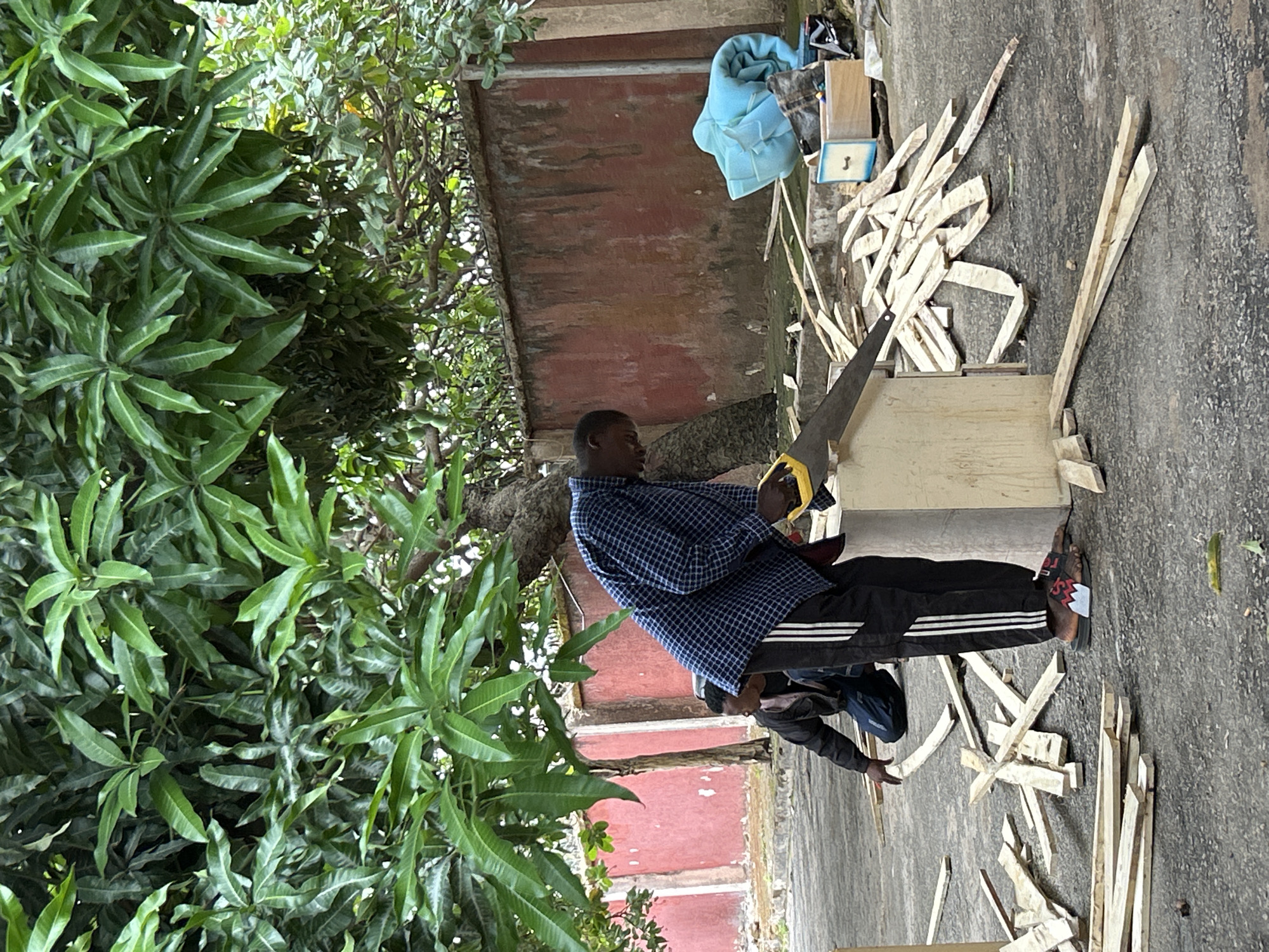The image captures a scene in Jos, Nigeria. An African man wearing a blue checkered shirt and black pants with white stripes is actively sawing a piece of wood. He is using a hand saw with a yellow handle. The man is also wearing sandals. A second person is present, and is holding a piece of wood. The activity is taking place outdoors, on a concrete surface covered in loose pieces of lumber. A building with a red exterior is in the background, and a tree with dense green foliage is situated to the left of the men. A blue blanket and some other objects are near the building.