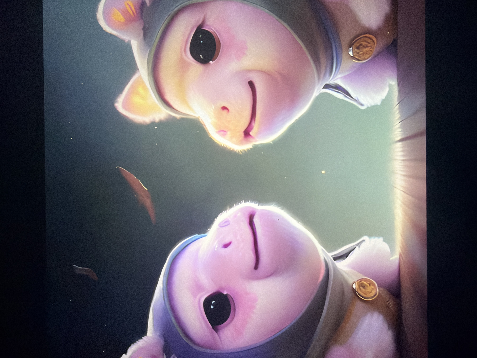 Two pig-like creatures, one on the left wearing a purple hood and one on the right wearing a pale pink hood, are looking at each other. Both have large black eyes and pink snouts. They are wearing matching collars with gold medallions. The creatures are positioned on a wooden surface, with a soft green light illuminating them from behind. The background is dark with a few small glowing specks. There is no indication of any specific location in Kyiv, Ukraine.