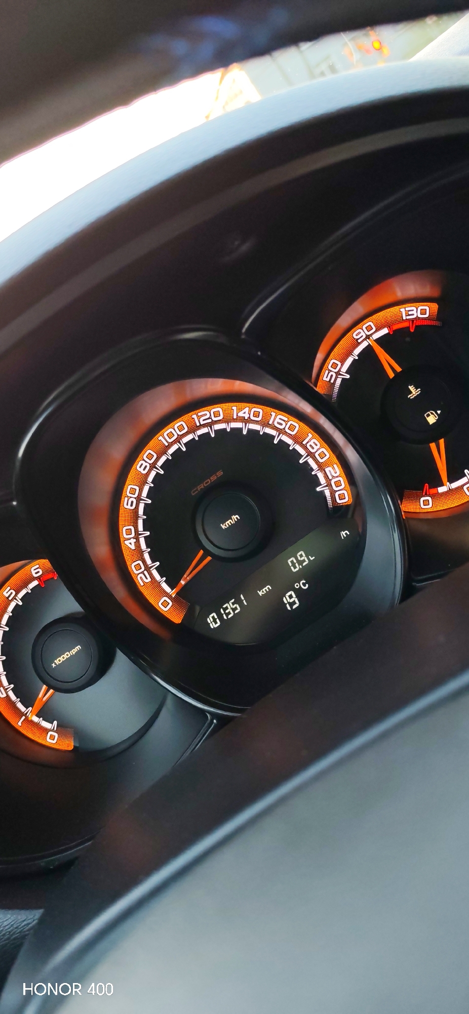 The image shows the dashboard of a LADA car, model CROSS. The odometer reads 101351 km, the temperature is 19°C. The speedometer indicates a speed of 0 km/h and the fuel gauge indicates a near-empty tank. The tachometer shows approximately 700 rpm. The location can not be specified, as no surrounding environment details are shown.