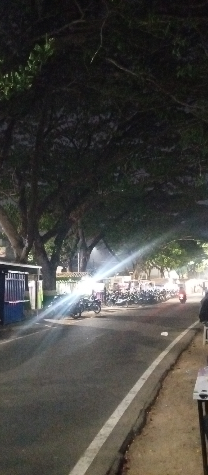 This is a nighttime scene on a street in Madiun, Indonesia. A row of parked motorcycles lines the side of the road, illuminated by bright streetlights and the headlights of a few vehicles. Large trees with dense foliage overhang the scene, creating a shadowed canopy. A small, blue and white kiosk or stall is visible on the left side of the road, and a concrete curb with a white line runs along the edge of the pavement. There are some blurred figures of people in the background, and a discarded white plastic bag lies on the road. The overall atmosphere is one of urban nighttime activity, possibly near a local market or eatery.