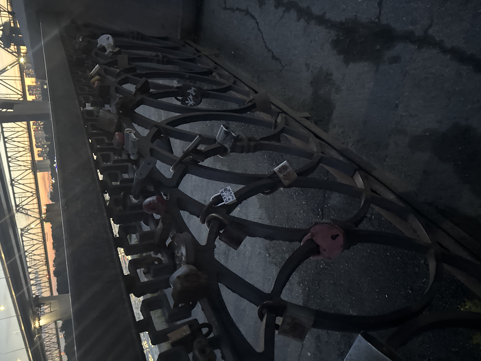 The image captures a close-up view of a metal railing on a bridge, adorned with numerous love locks. The railing is made of dark, wrought iron with an intricate, curved design. Various types of locks are attached, including traditional padlocks and heart-shaped ones, in different states of wear and color, some appearing rusty. In the background, a large bridge with a complex truss structure is visible, spanning across a body of water. The sky behind the bridge is tinged with the warm hues of sunset, indicating either sunrise or sunset, with distant city lights dotting the horizon. The ground in the foreground appears to be asphalt, with some damp patches and cracks. The scene suggests a location commonly visited by couples, likely a popular spot for expressing commitment, such as the Bugrinsky Bridge in Novosibirsk, Russia, known for its love locks. No people are visible in the frame.