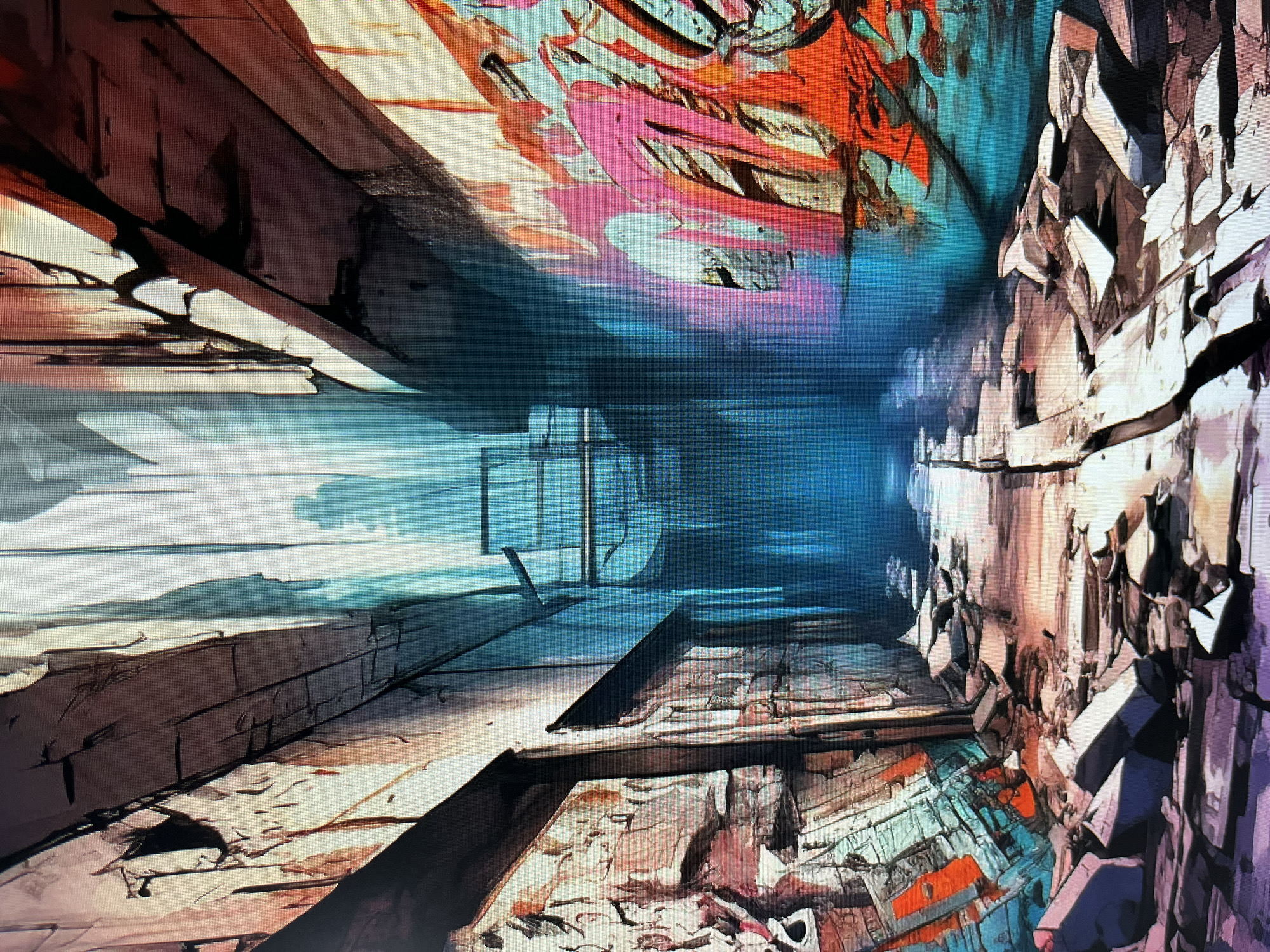 The media file displays a digital artwork with a surreal and abstract aesthetic, featuring a tunnel-like structure with a vanishing point in the distance. The scene is rendered in a style that combines elements of graffiti art and architectural rendering, with bold lines and vibrant, contrasting colors.
The tunnel's walls are fragmented and appear to be made of various materials, some smooth and reflective, others rough and angular, resembling shattered stone or debris. The left side of the tunnel features a lighter, more geometric pathway, with sharp angles and planes bathed in a cool, blue light. Shadows are cast sharply, emphasizing the three-dimensional form.
The right side of the tunnel is more chaotic and textured. Jagged, crystalline structures in shades of brown, white, and purple dominate this side, suggesting a crumbling or fractured environment. Above this, the wall is adorned with bright, abstract graffiti in shades of pink, orange, and teal, creating a stark contrast with the surrounding architectural elements. The graffiti appears to be layered and dynamic, with energetic brushstrokes.
The overall impression is one of a surreal, perhaps dystopian, or otherworldly passageway. The lighting is dramatic, with a strong blue glow emanating from the vanishing point, suggesting an artificial or supernatural light source. The time of day and weather are not discernible, as the scene is entirely abstract. There is no visible text in the image. The artwork evokes a sense of awe, mystery, and perhaps even unease due to its fragmented and contrasting elements.