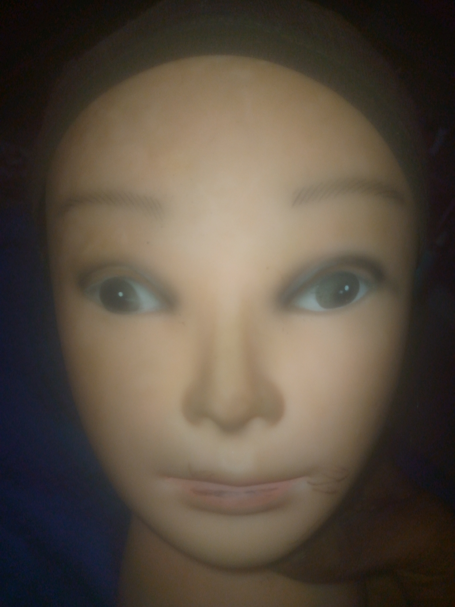 A close-up, slightly blurred image focuses on the face of a mannequin, set against a dark background. The face is featureless, with generic eyebrows, eyes, nose, and mouth. There is a blemish or scratch mark visible near the corner of the mouth. The mannequin appears to be wearing a cap or covering on its head. The setting is not discernible and location is Unknown, Unknown.
