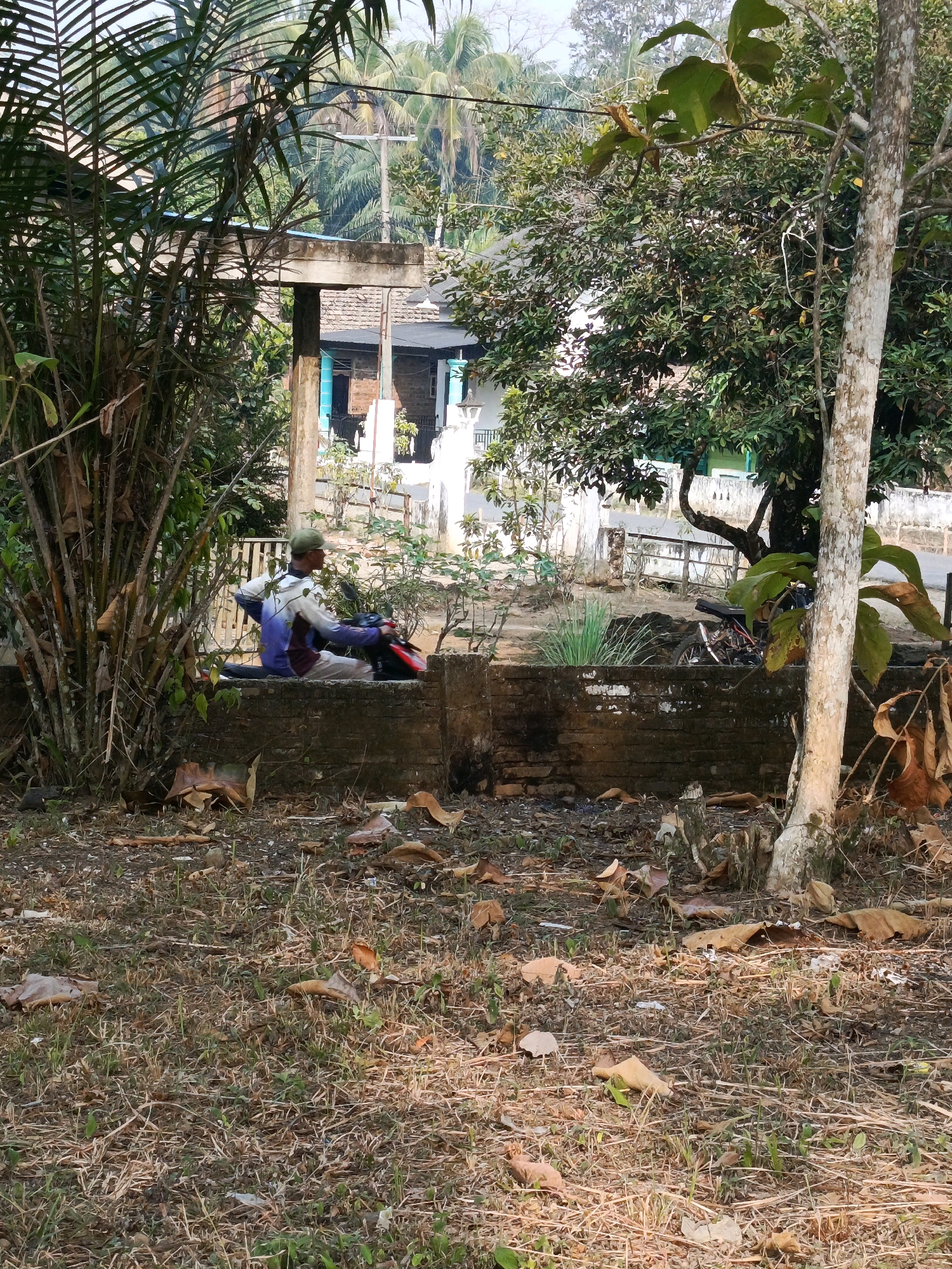 A person wearing a green cap and a multi-colored shirt is sitting on a red and black motorcycle. The motorcycle is parked on top of a low, rough brick wall. The person is facing towards the left of the frame, with their body turned to the side. Behind the wall and the person is a house with a light blue and white facade, surrounded by trees and vegetation. The ground in the foreground is covered with dry grass and fallen leaves. The scene appears to be an outdoor area in a residential setting, possibly in the village of Megang Sakti IV, Indonesia, given the presence of tropical foliage and architectural style.