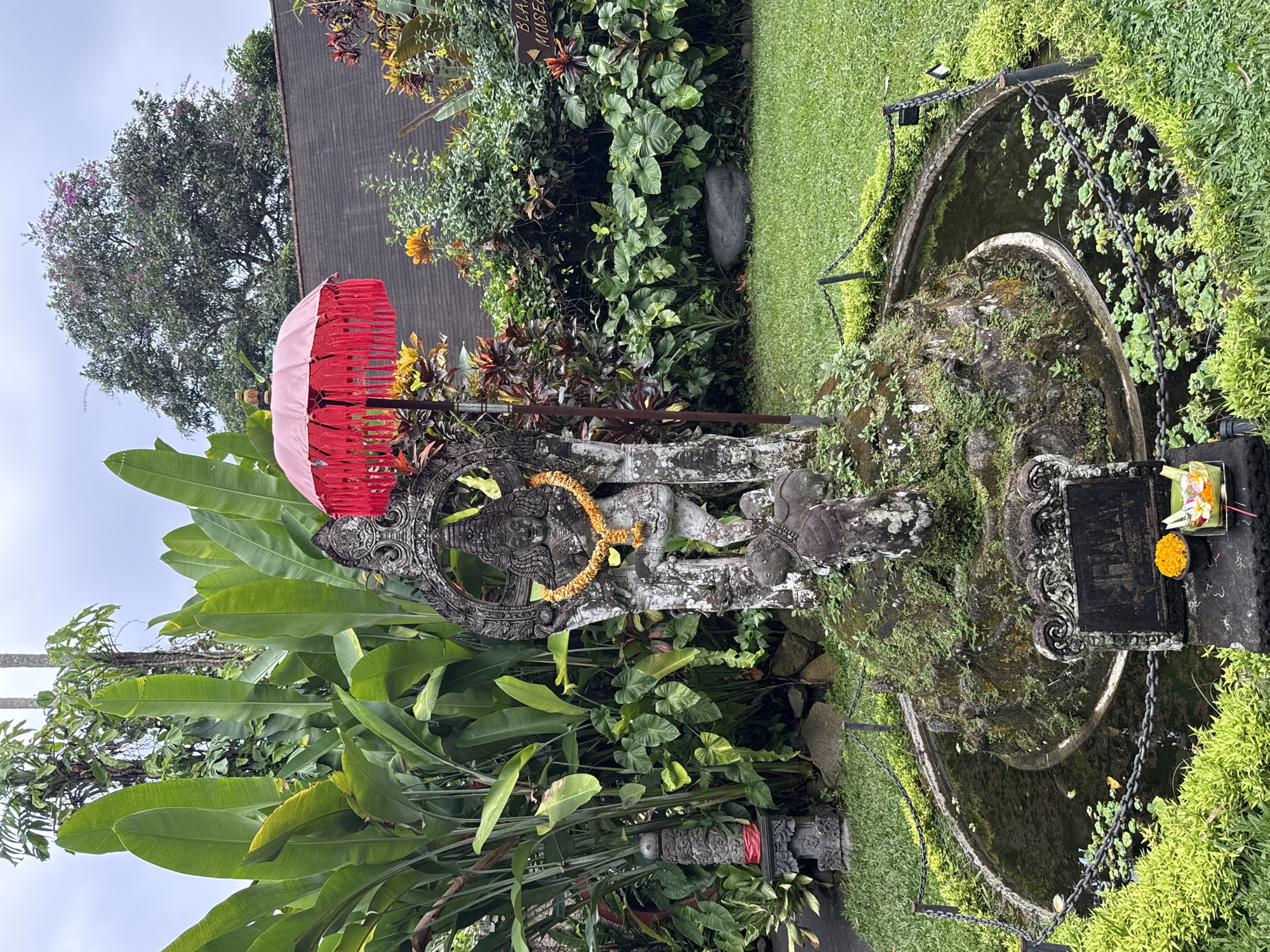 The image shows a stone statue in a garden setting. The statue is grey and covered in moss, suggesting it is old and exposed to the elements. A red umbrella shades the statue. The statue is adorned with a yellow garland. Behind the statue are large green plants, including banana trees. To the right of the statue is a small pond or fountain with a chain around it. The surrounding area is lush with greenery, including grass and various plants. In the background, there is a building with a dark roof. The statue, umbrella, and pond are likely part of a garden or temple complex. This photograph was taken in the Ubud District, Indonesia.