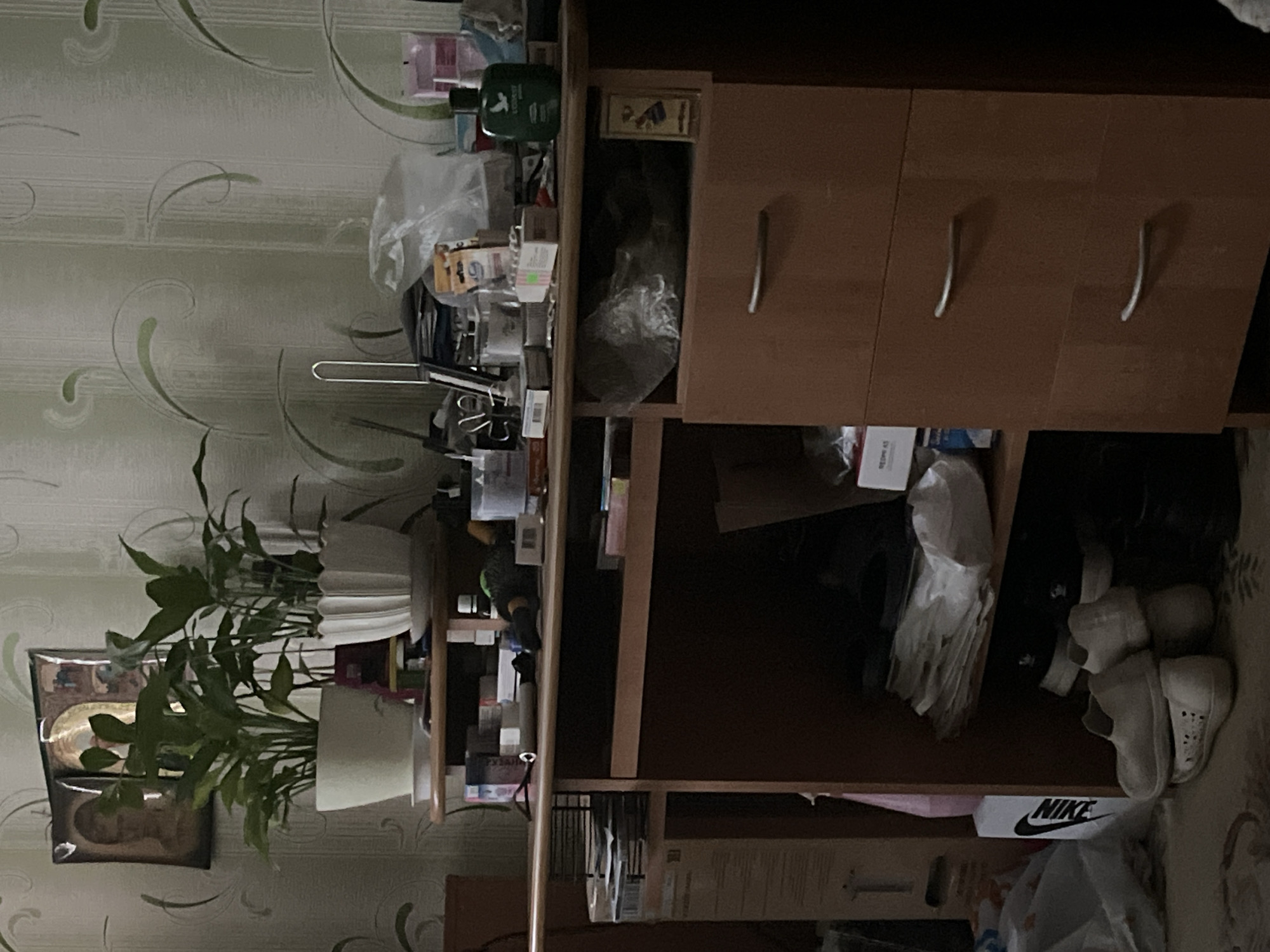 This image captures an indoor scene, likely a room within a home, characterized by a cluttered desk and shelf unit against a wall with patterned wallpaper. The wallpaper features a light green or beige base with flowing, darker green swirl designs.
The primary subject is a multi-tiered wooden desk or shelving unit positioned on the right side of the frame. Its top surface is densely packed with various items, including plastic bags, numerous small boxes (some appearing to be medicine or cosmetics), a green bottle (partially visible text seems to include "COSMIC"), and a pair of scissors. Below the top surface, three drawers with silver handles are visible. The lower sections of the unit consist of open shelves and compartments. One lower compartment on the right stores several pairs of shoes, including light-colored sneakers and slippers, alongside more plastic bags. A white shoebox with the prominent black "NIKE" logo is clearly visible in this section. Other shelves are dark and hold additional unidentifiable items, possibly books or papers.
To the left of the desk unit, a large potted plant with broad green leaves sits in a white pot on an unseen surface. Further to the left, hanging on the wall, is a framed picture, appearing to be a religious icon, possibly depicting a Madonna and Child, though details are indistinct due to blurriness.
No specific activity is taking place; the scene depicts a static, lived-in interior. The lighting is relatively dim, suggesting an indoor setting without direct bright sunlight, possibly in the evening or with curtains drawn. There are no direct visual cues within the image to specifically identify the location as Minsk, Belarus, beyond the provided context. The visible text includes the "NIKE" logo on the shoebox and partial text "COSMIC" on the green bottle.
