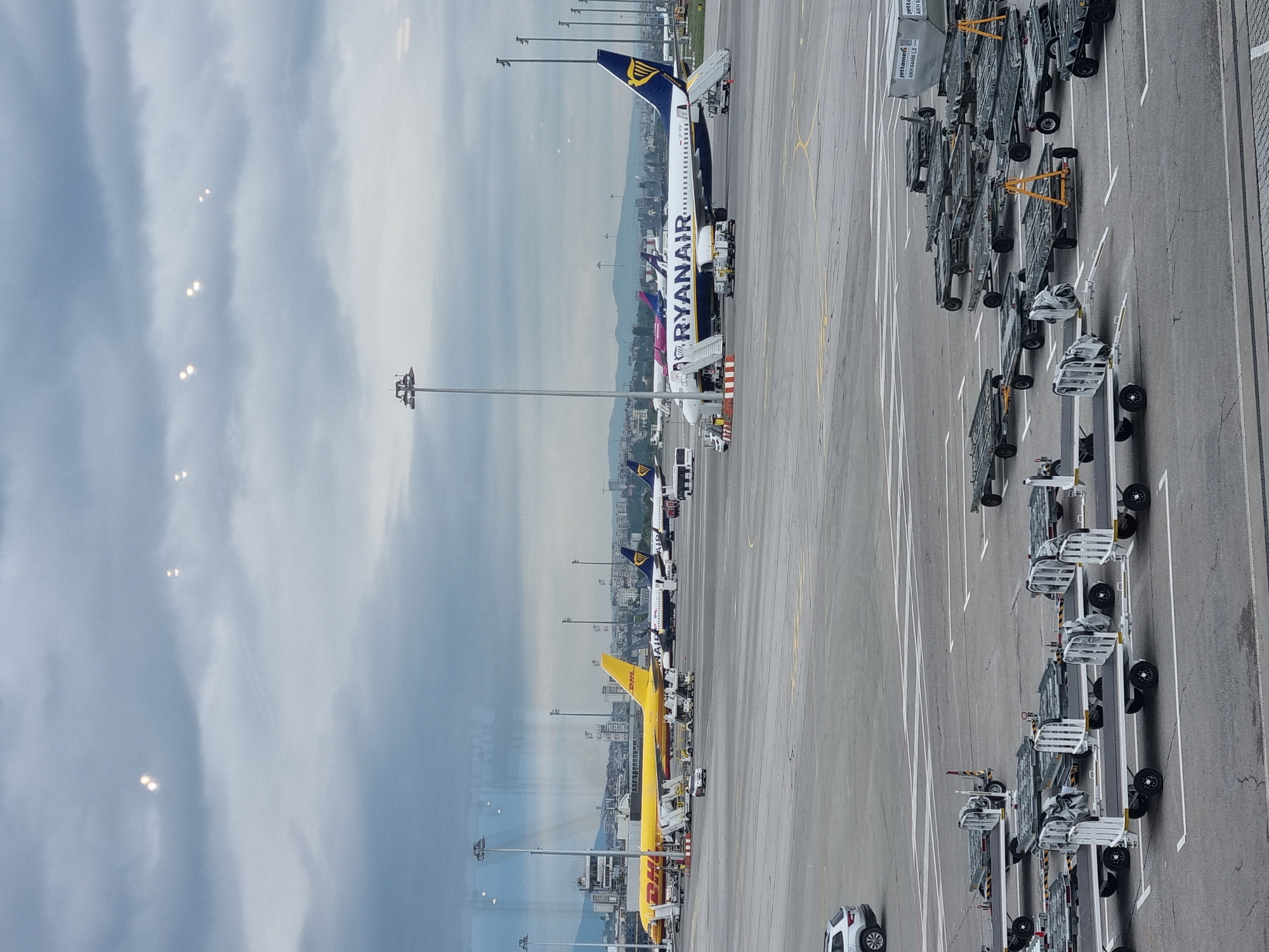 The image depicts an airport apron scene, likely at Sofia Airport (SOF) in Sofia, Bulgaria, based on the presence of aircraft operated by airlines commonly serving this airport. The foreground shows ground support equipment (various types of cargo dollies) parked in rows. In the background are several parked aircraft, notably a yellow DHL cargo plane and multiple Ryanair passenger jets. There is also an aircraft with purple tail markings visible among them. The sky is overcast. The apron surface is gray concrete with painted yellow and white lines marking taxiways and parking positions. The image appears to have been taken from an elevated position, possibly from an airport terminal window. No people are clearly visible.