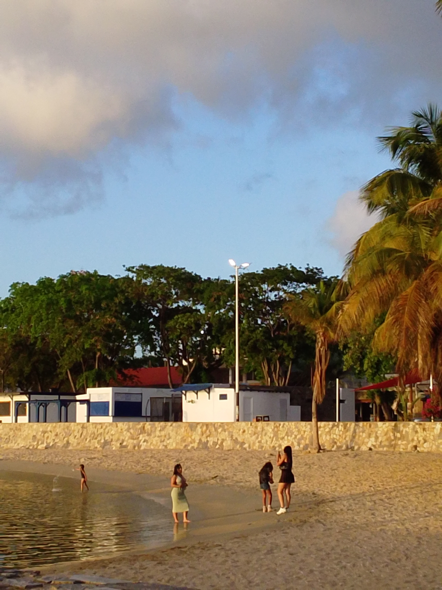 The image shows a beach scene with a body of water in the foreground, a sandy beach with several people, and a line of buildings with lush green trees and palm trees behind them. The sky is a clear blue with some soft, wispy clouds.
On the beach, there are four people visible. On the left, a young child stands in the shallow water. Further to the right, a woman in a light-colored dress stands on the wet sand. To her right, two figures, likely a child and an adult, are interacting on the drier sand.
The sand is golden and appears to be slightly wet near the water's edge, with some ripples visible from the water. The buildings in the background are low-lying structures with white walls and dark roof details. A stone wall runs along the front of the buildings, separating them from the beach. The trees behind the buildings are full and green, with some taller palm trees interspersed, their fronds catching the light. A modern street lamp stands on the beach, to the left of the buildings. The overall impression is a sunny, relaxed beach atmosphere, likely during the late afternoon or early evening given the warm light.